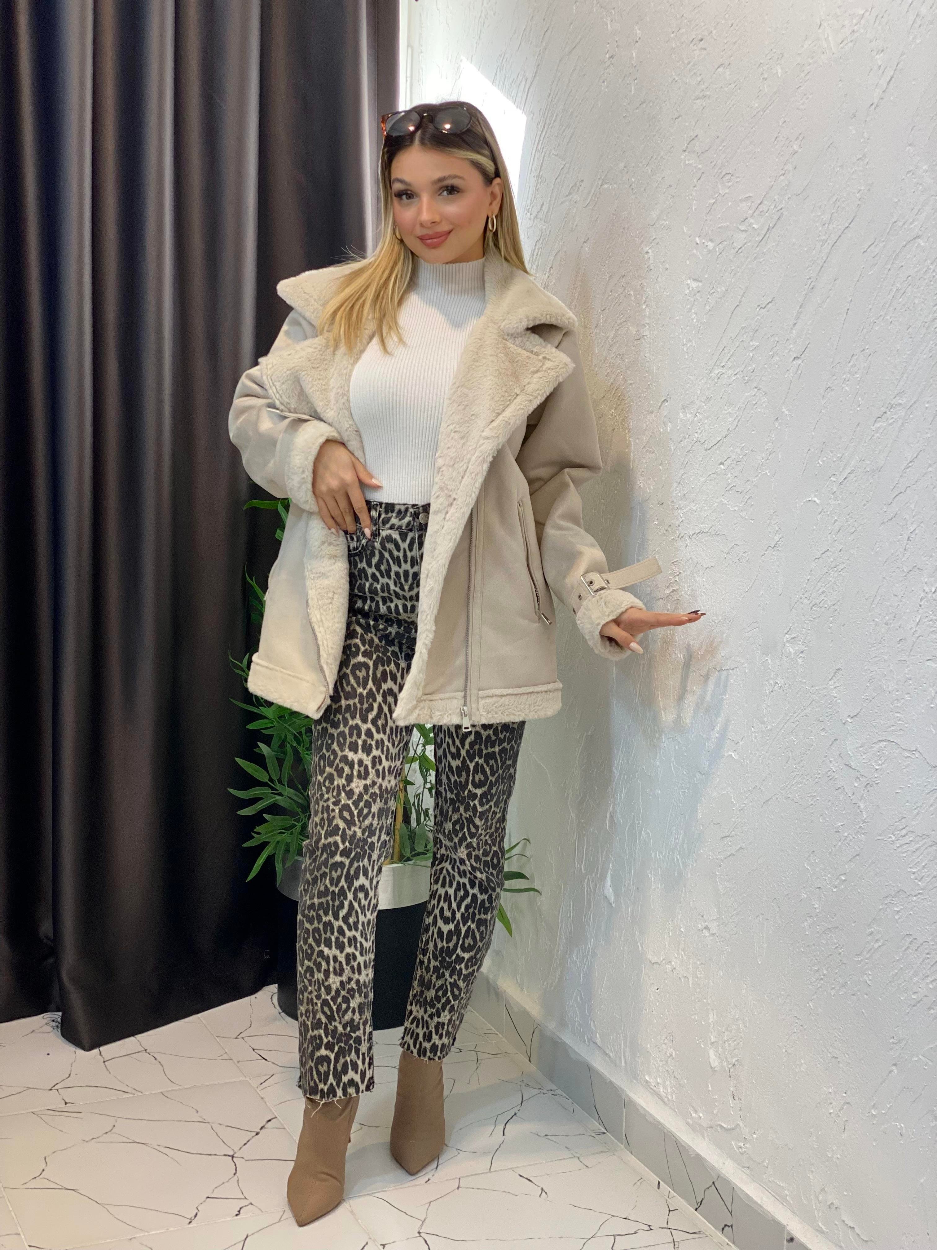 Bej İçi Kürklü Biker Mont