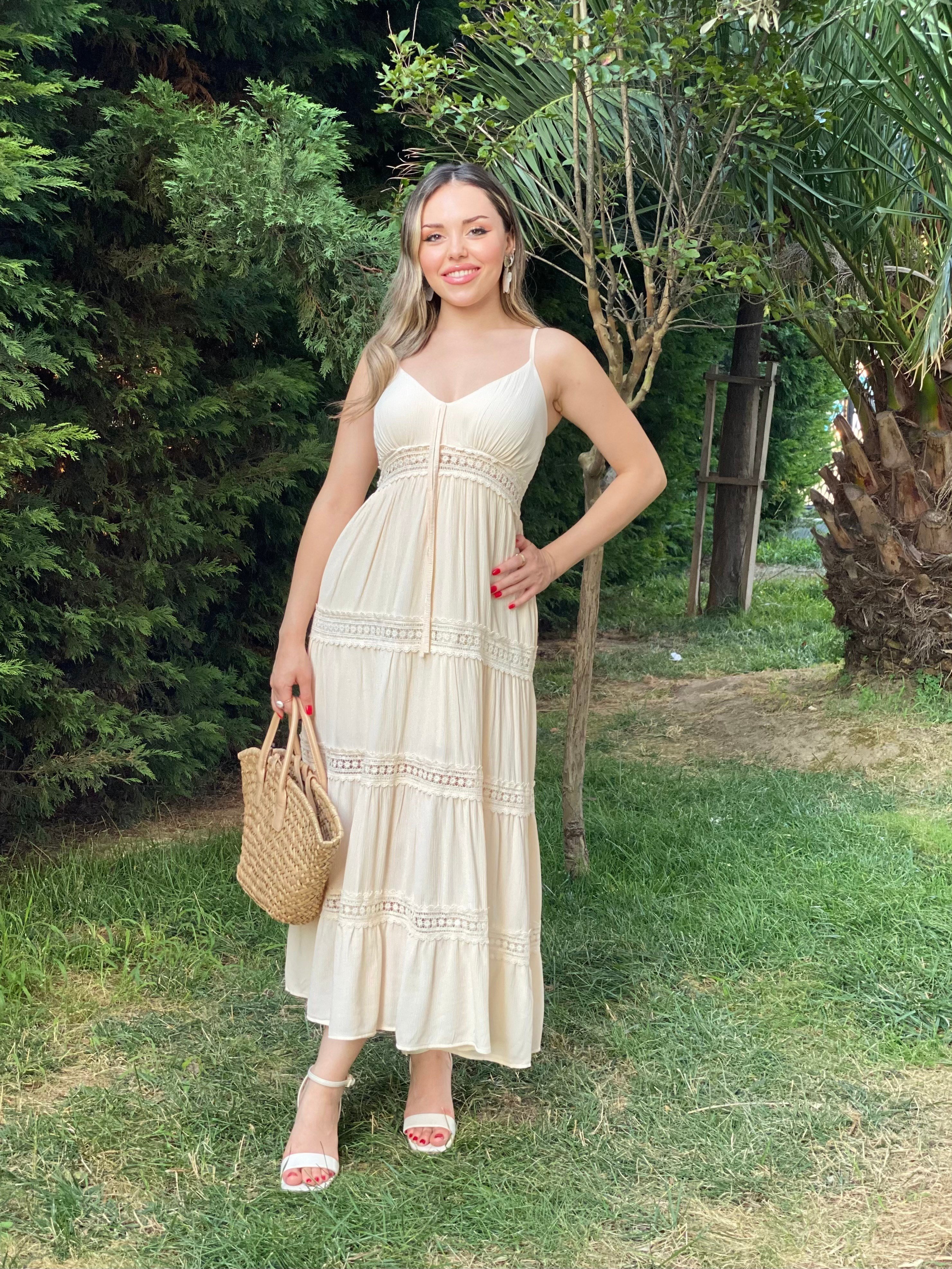 Bej İp Askılı Nora Elbise 