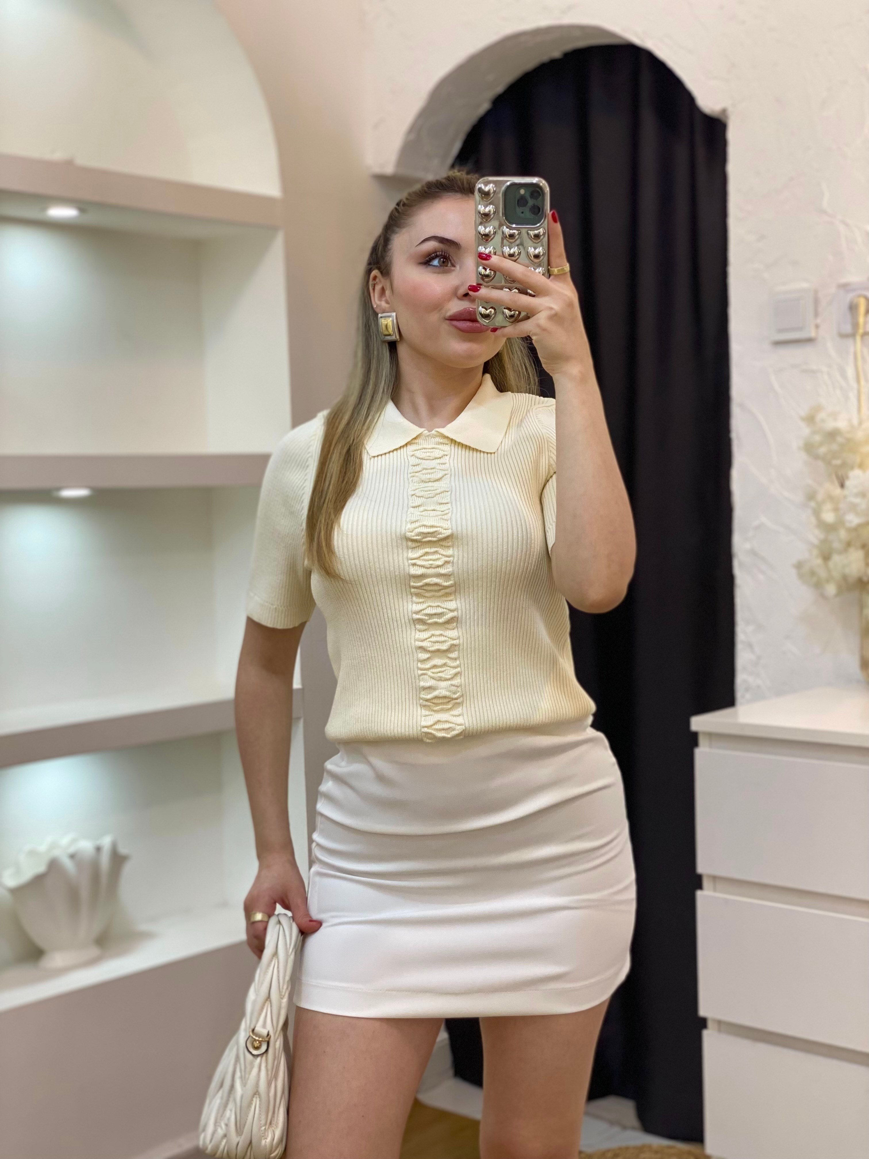 Bej Önü Desenli Elit Triko Bluz