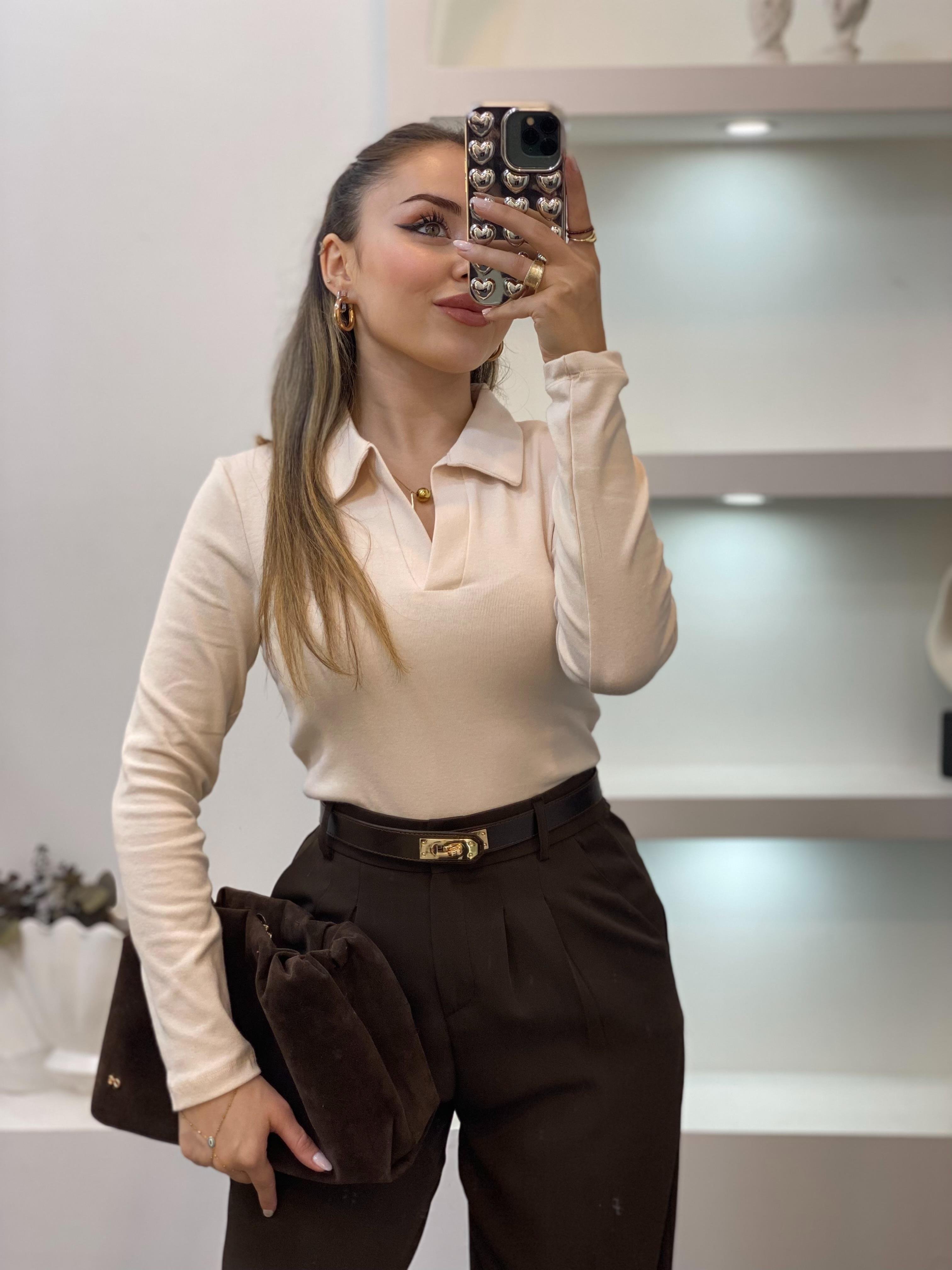 Bej Polo Yaka Basic Bluz