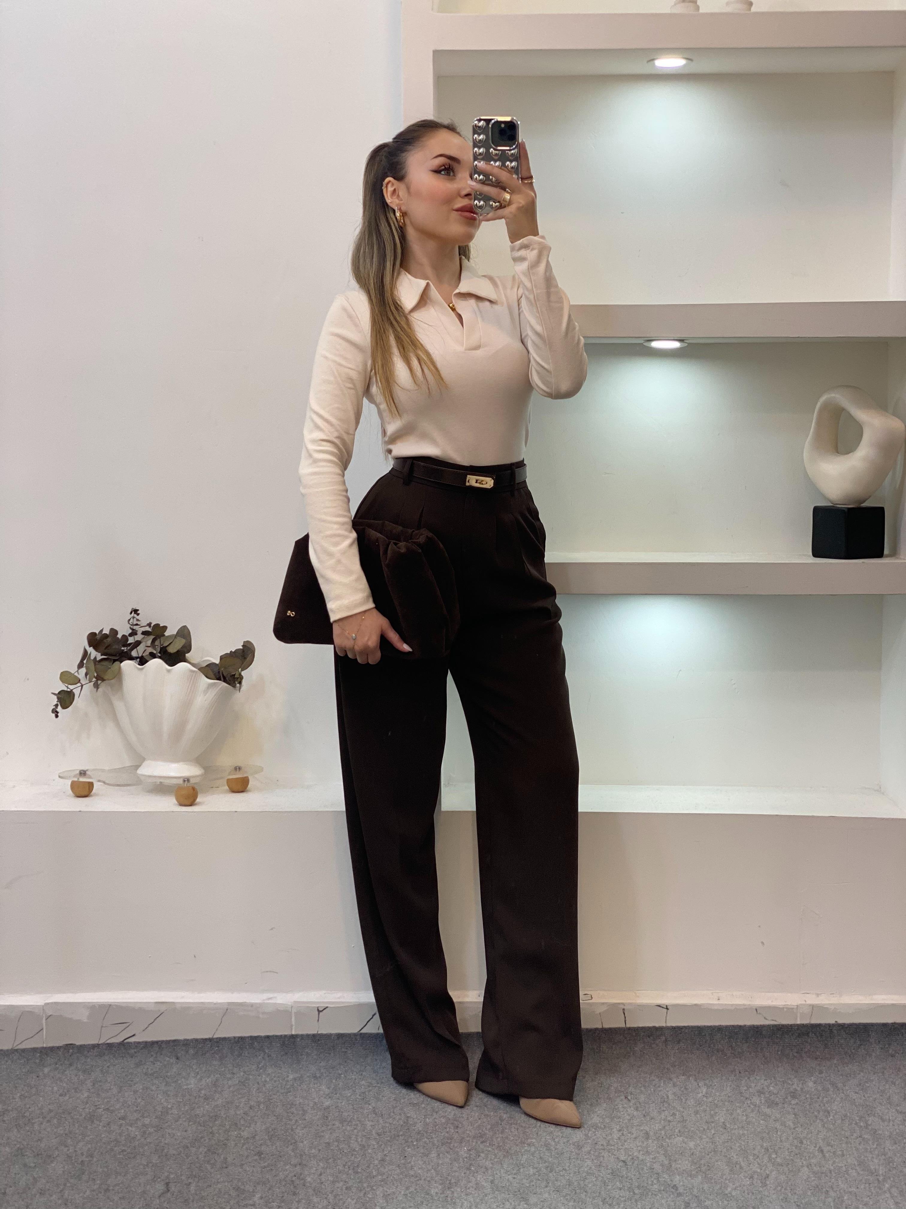 Bej Polo Yaka Basic Bluz