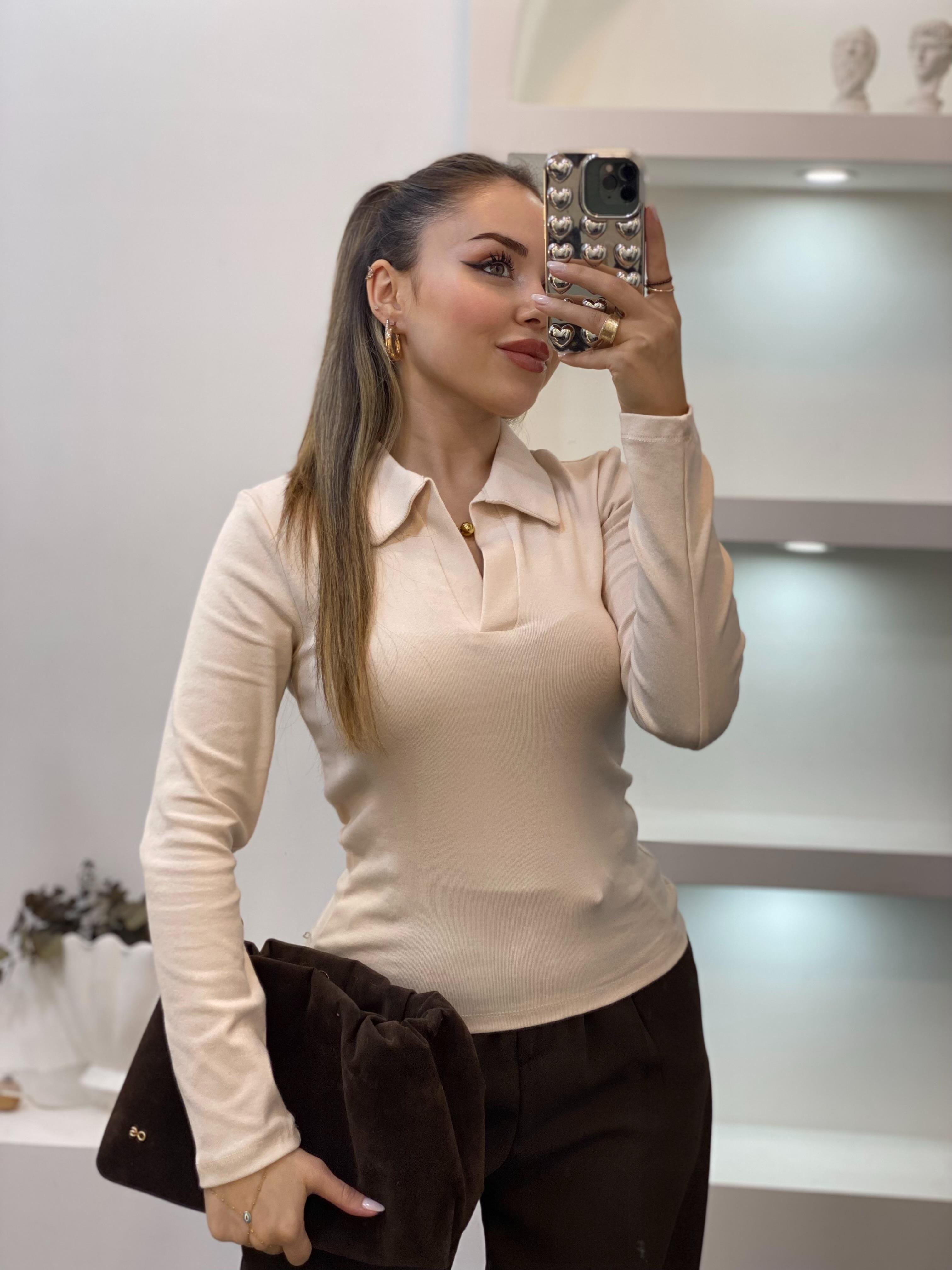 Bej Polo Yaka Basic Bluz