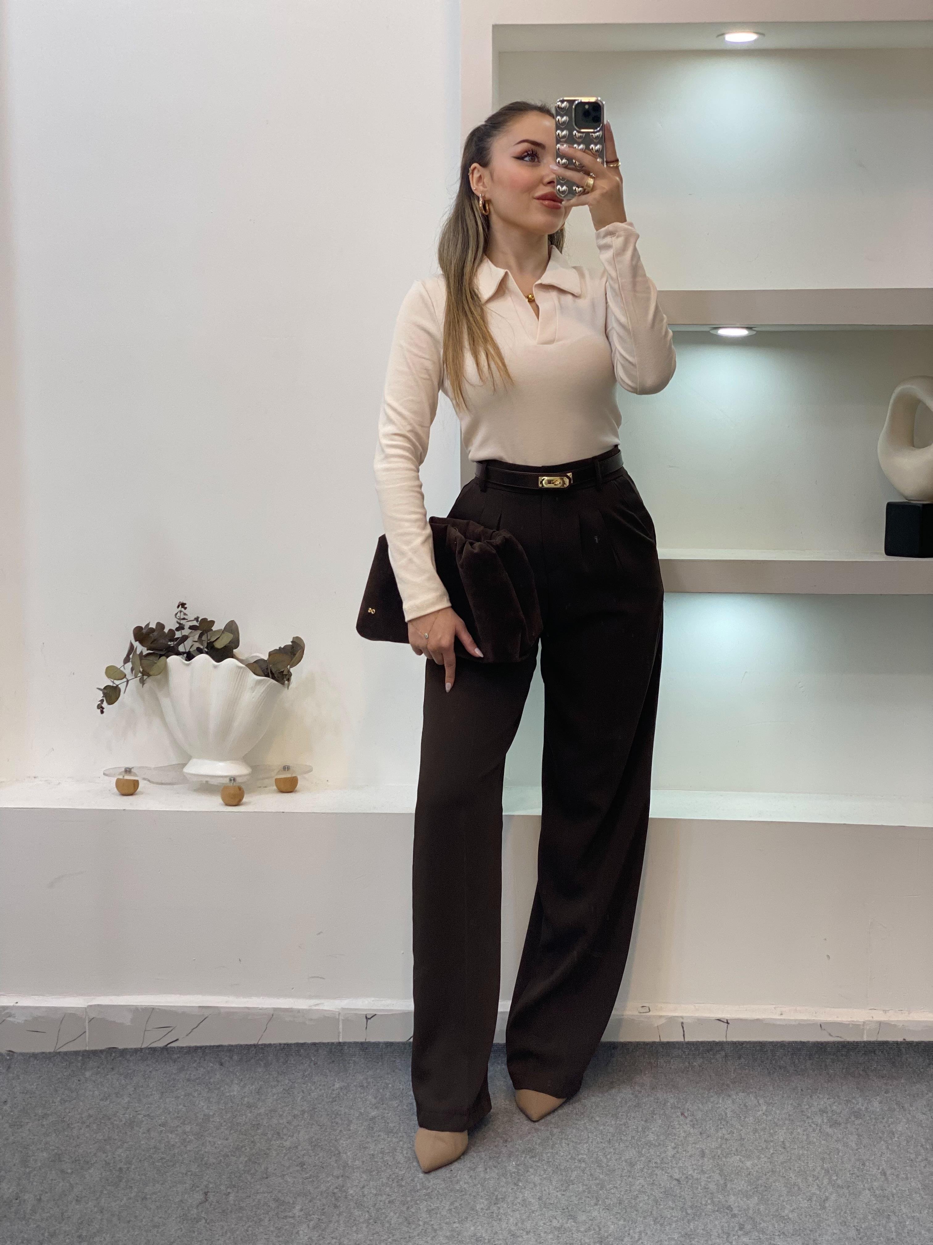 Bej Polo Yaka Basic Bluz