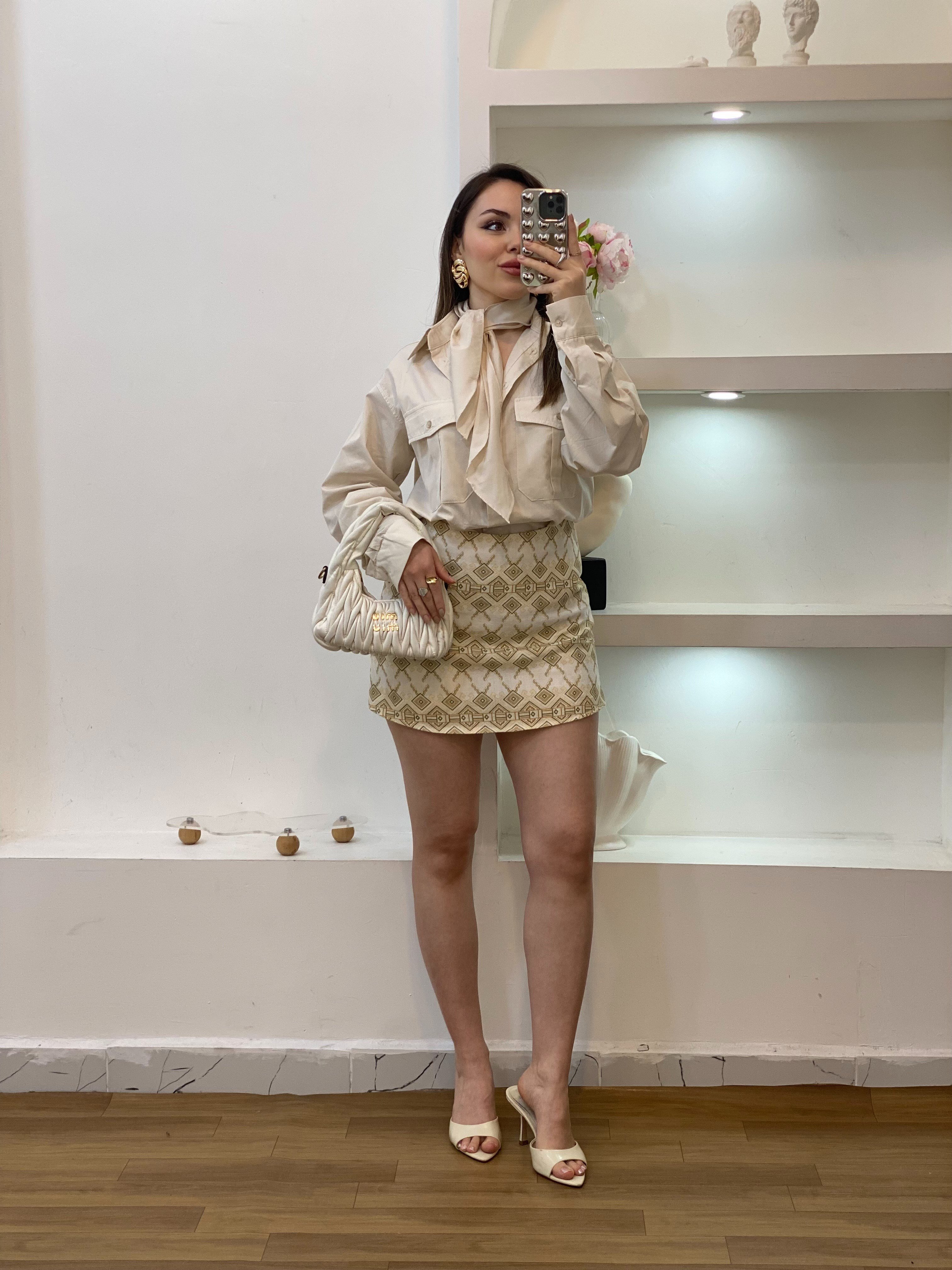 Bej Premium Kalite Fularlı Gömlek 