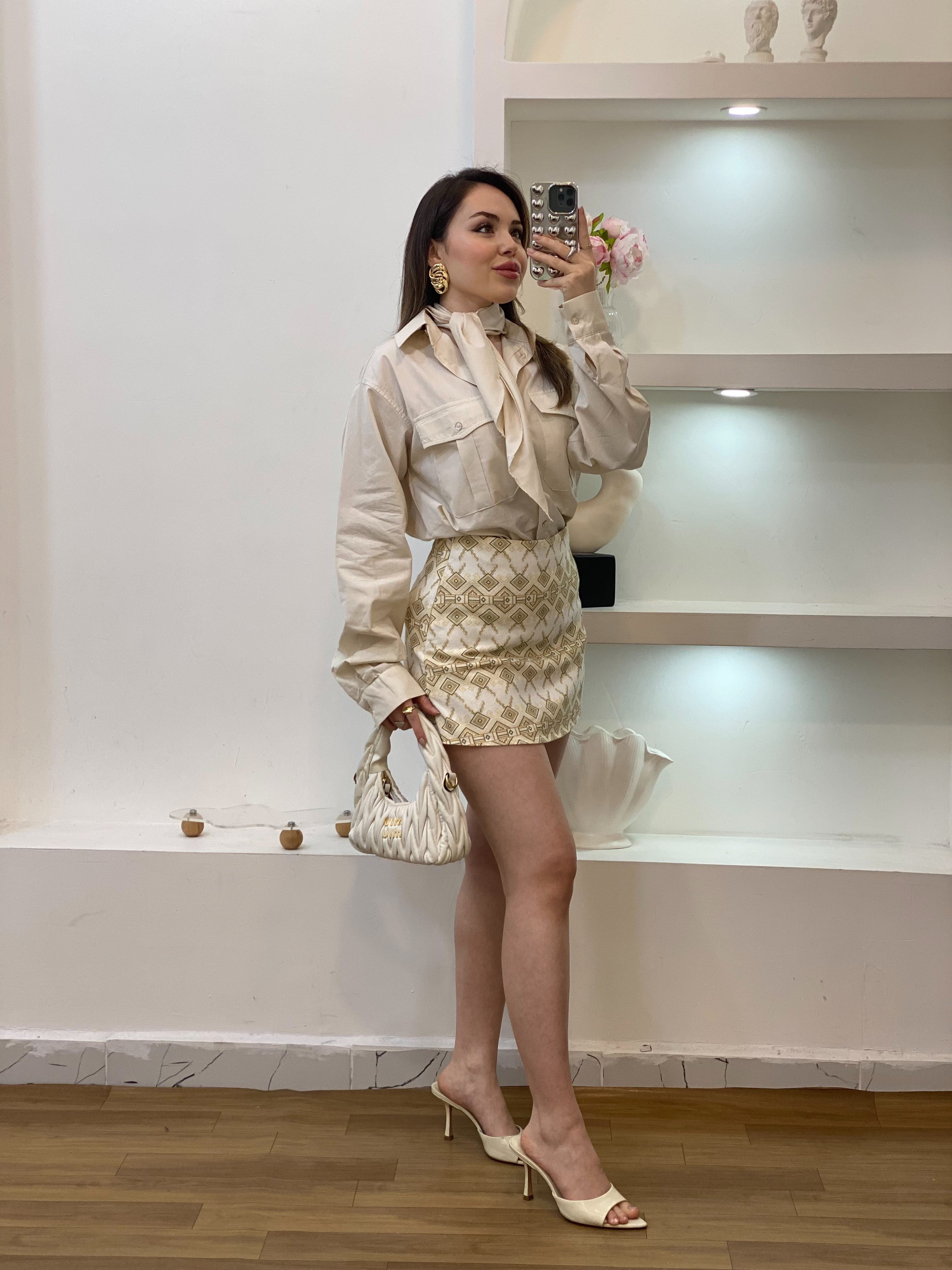 Bej Premium Kalite Fularlı Gömlek 
