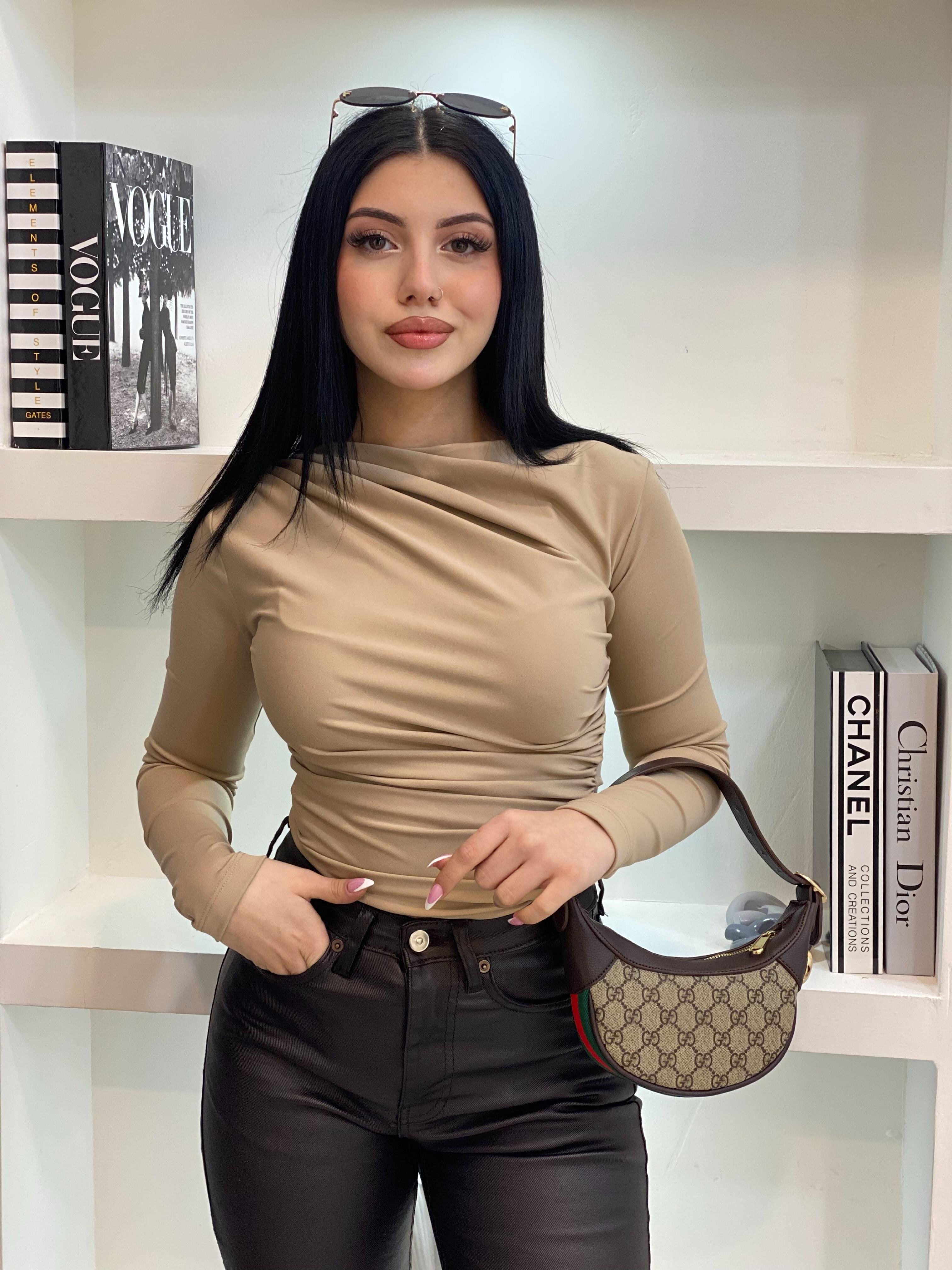 Bej Renk Yaka Drapeli Bluz