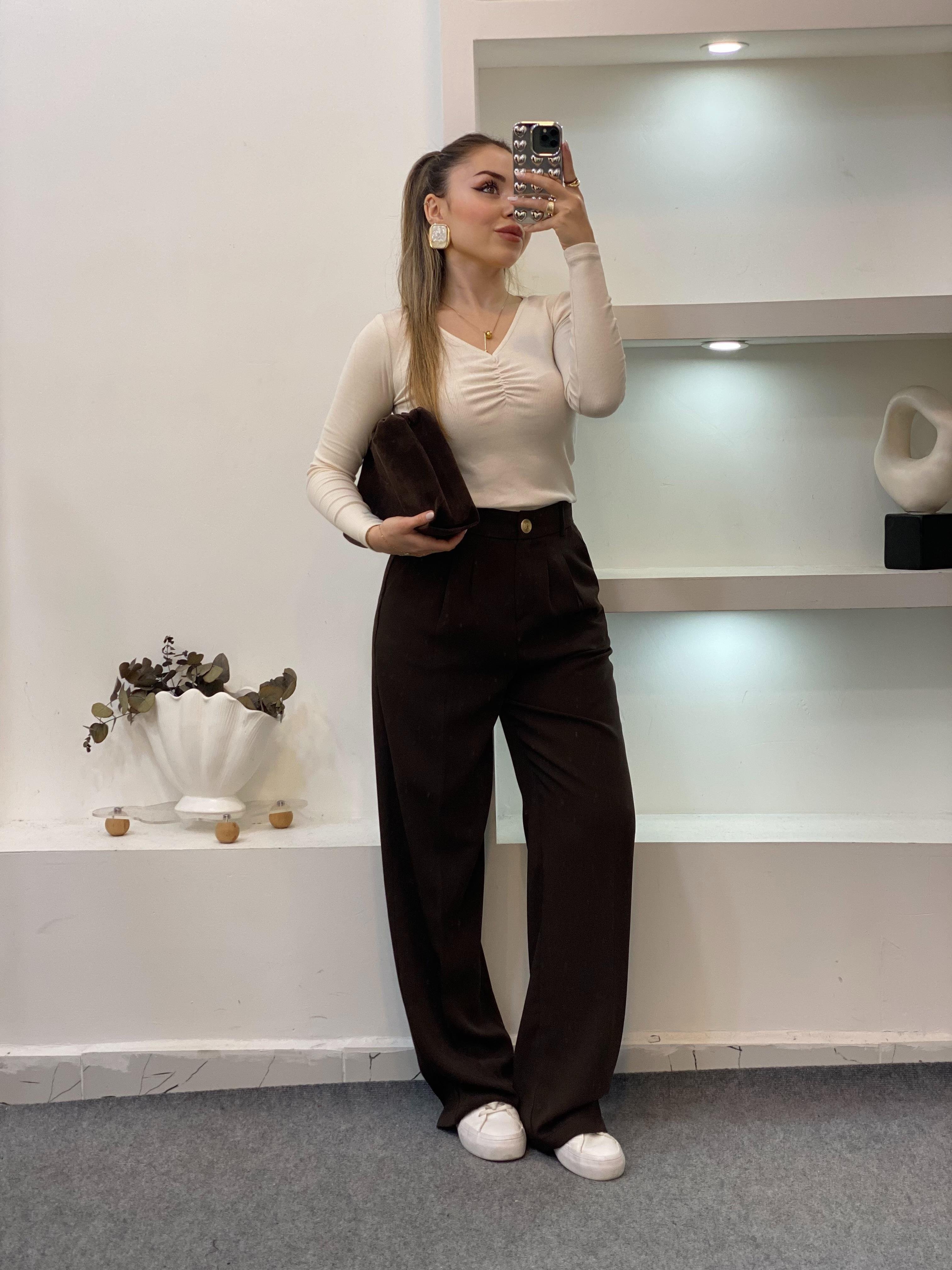 Bej Yaka Büzgülü Fitilli Basic Bluz