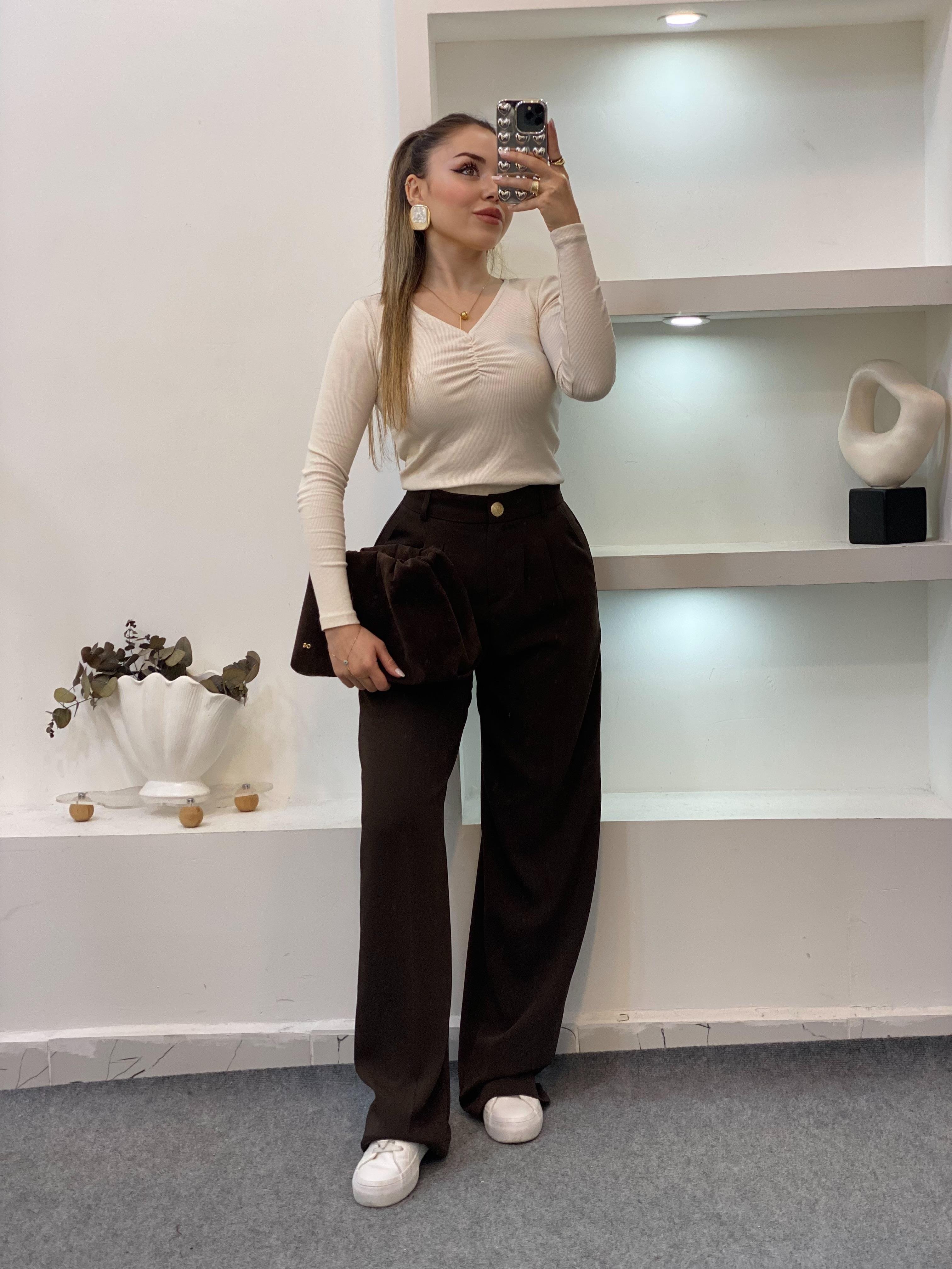 Bej Yaka Büzgülü Fitilli Basic Bluz