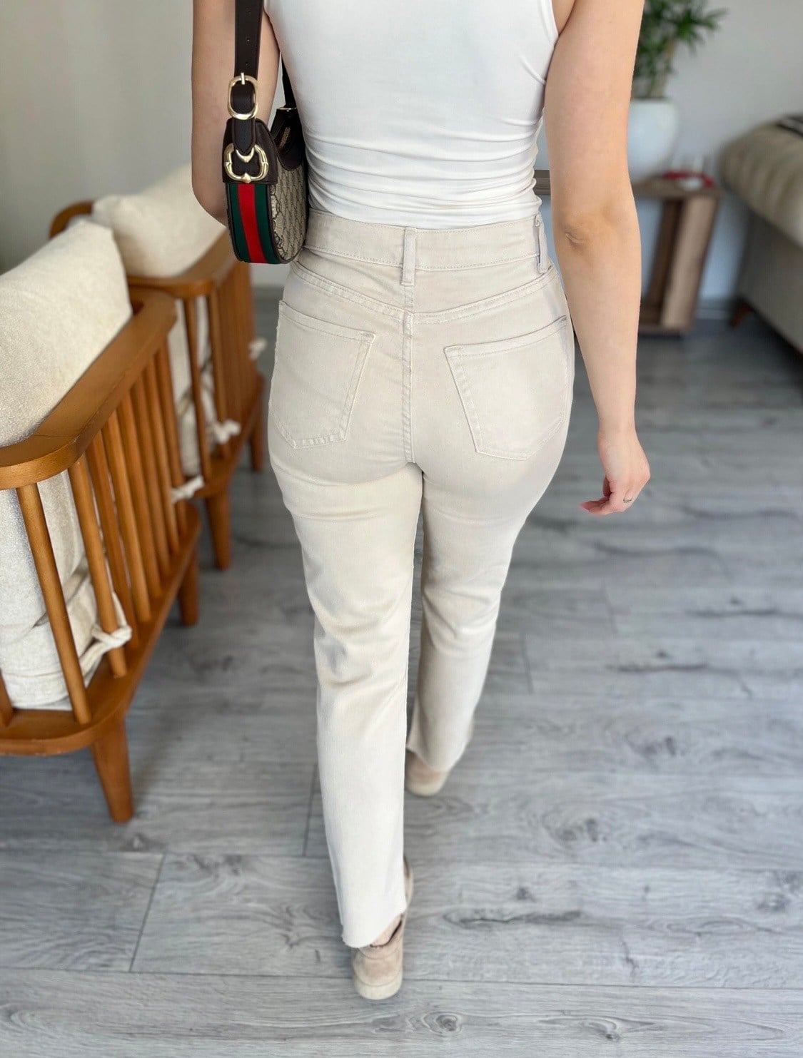 Bej Yüksek Bel Boyfit Jean