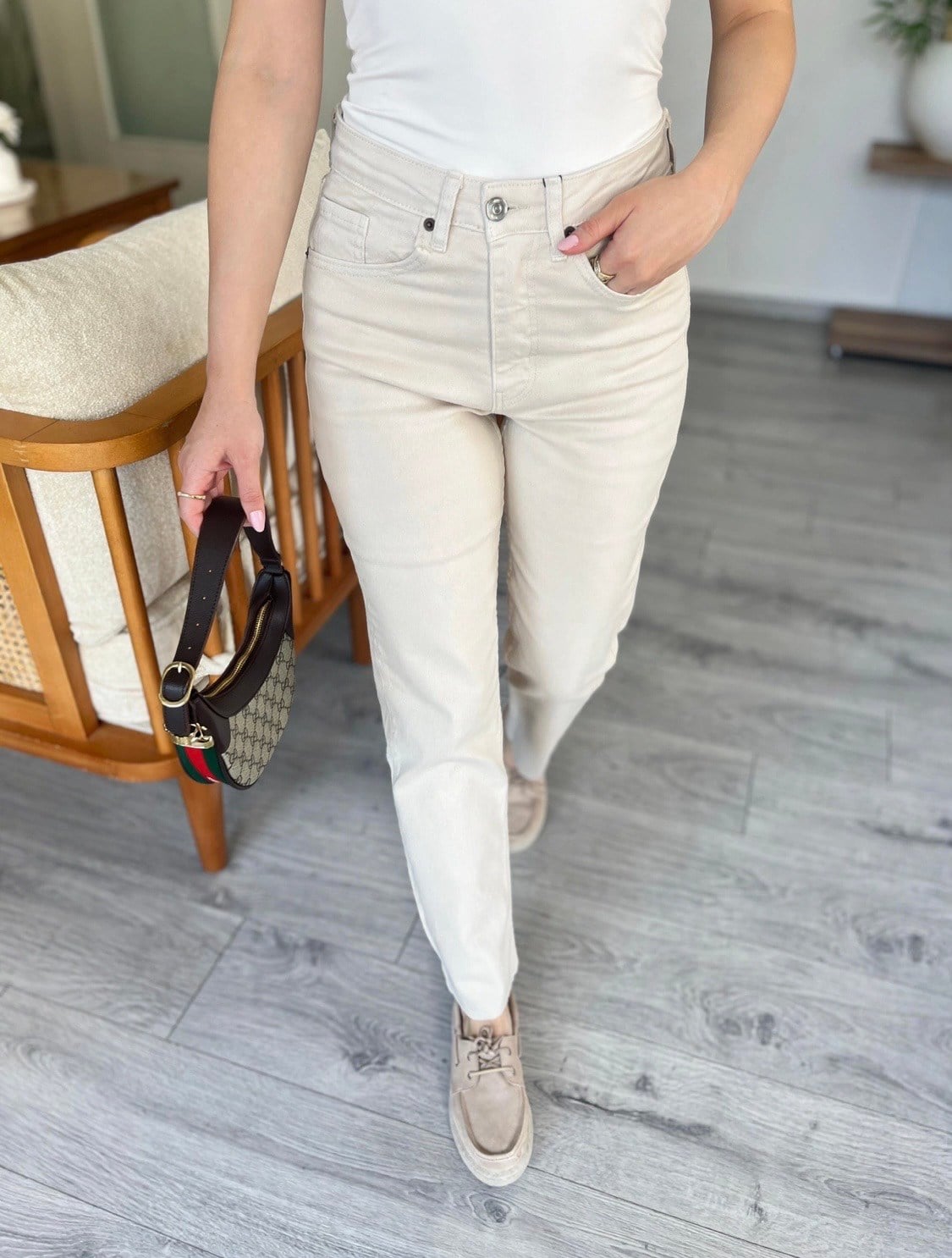 Bej Yüksek Bel Boyfit Jean