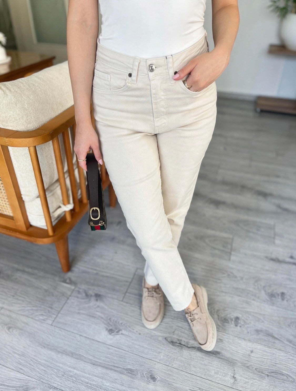 Bej Yüksek Bel Boyfit Jean