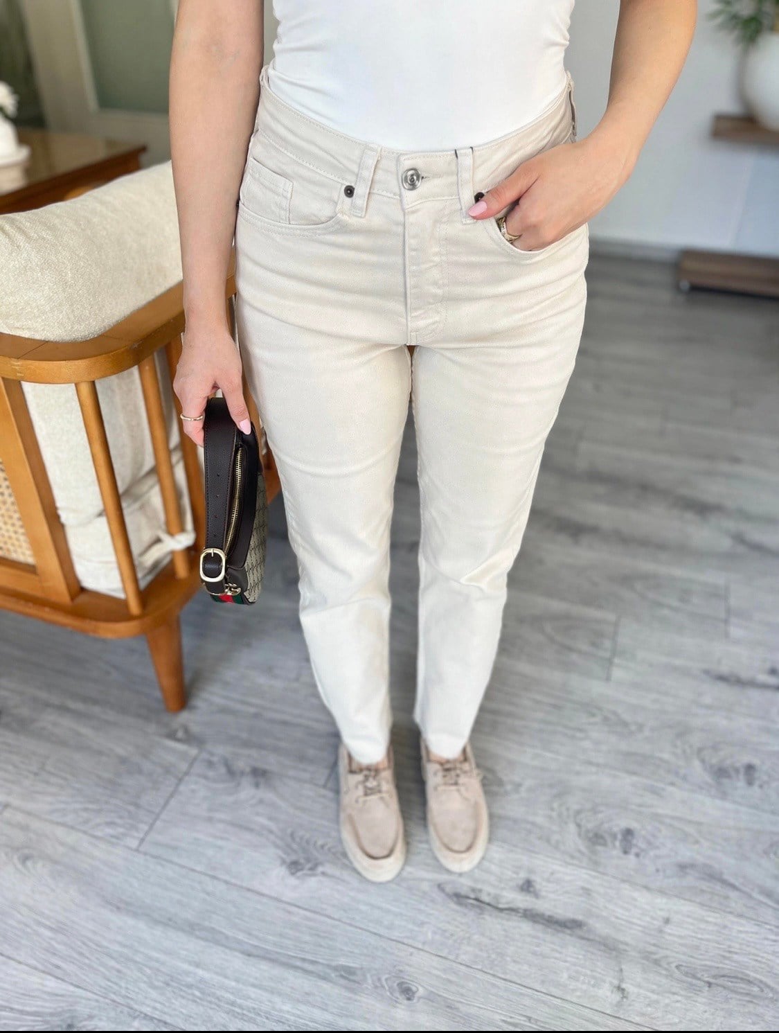 Bej Yüksek Bel Boyfit Jean