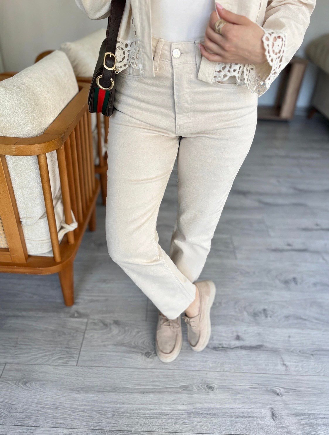 Bej Yüksek Bel Boyfit Jean