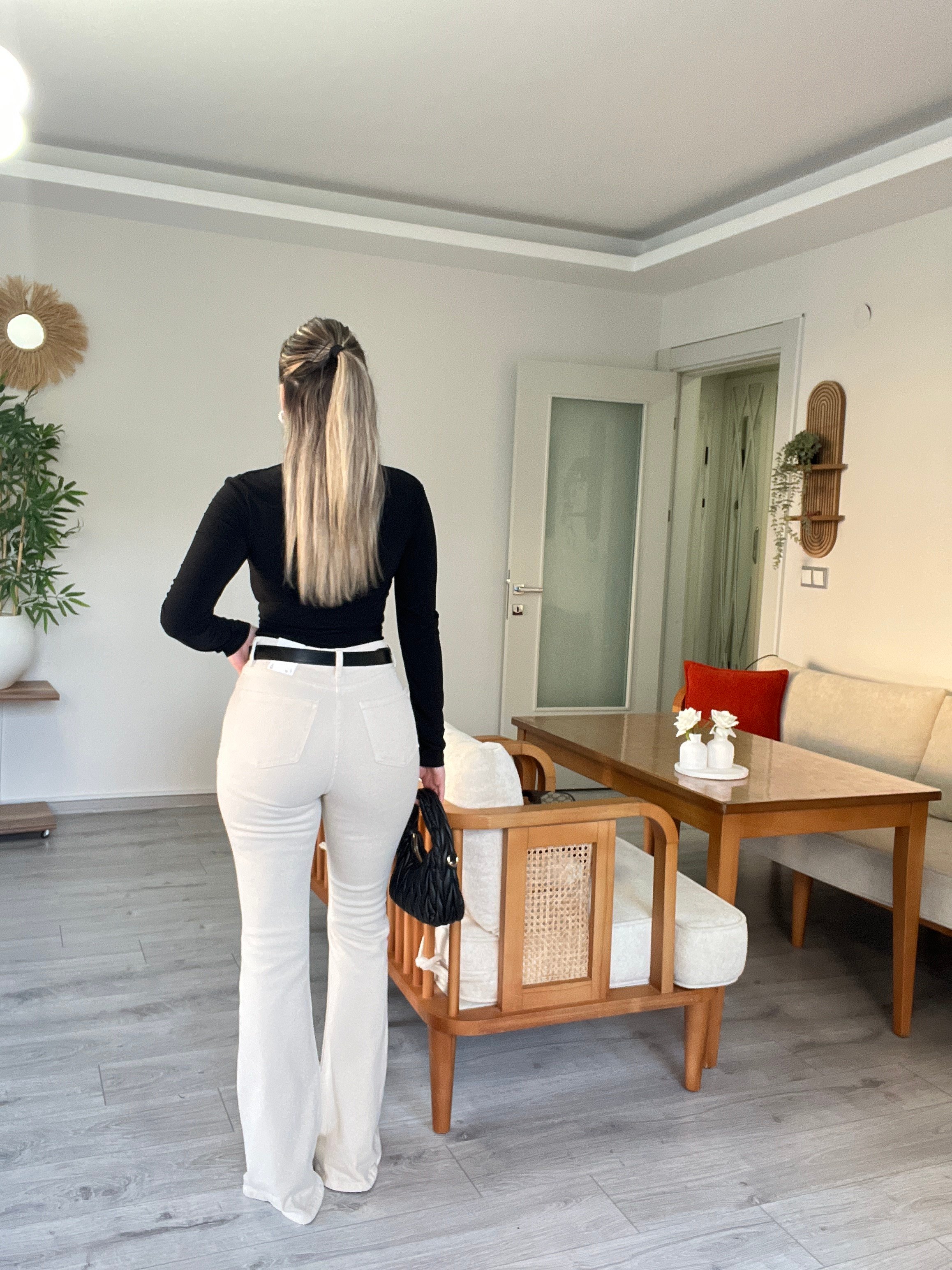Bej Yüksek Bel İspanyol Jean