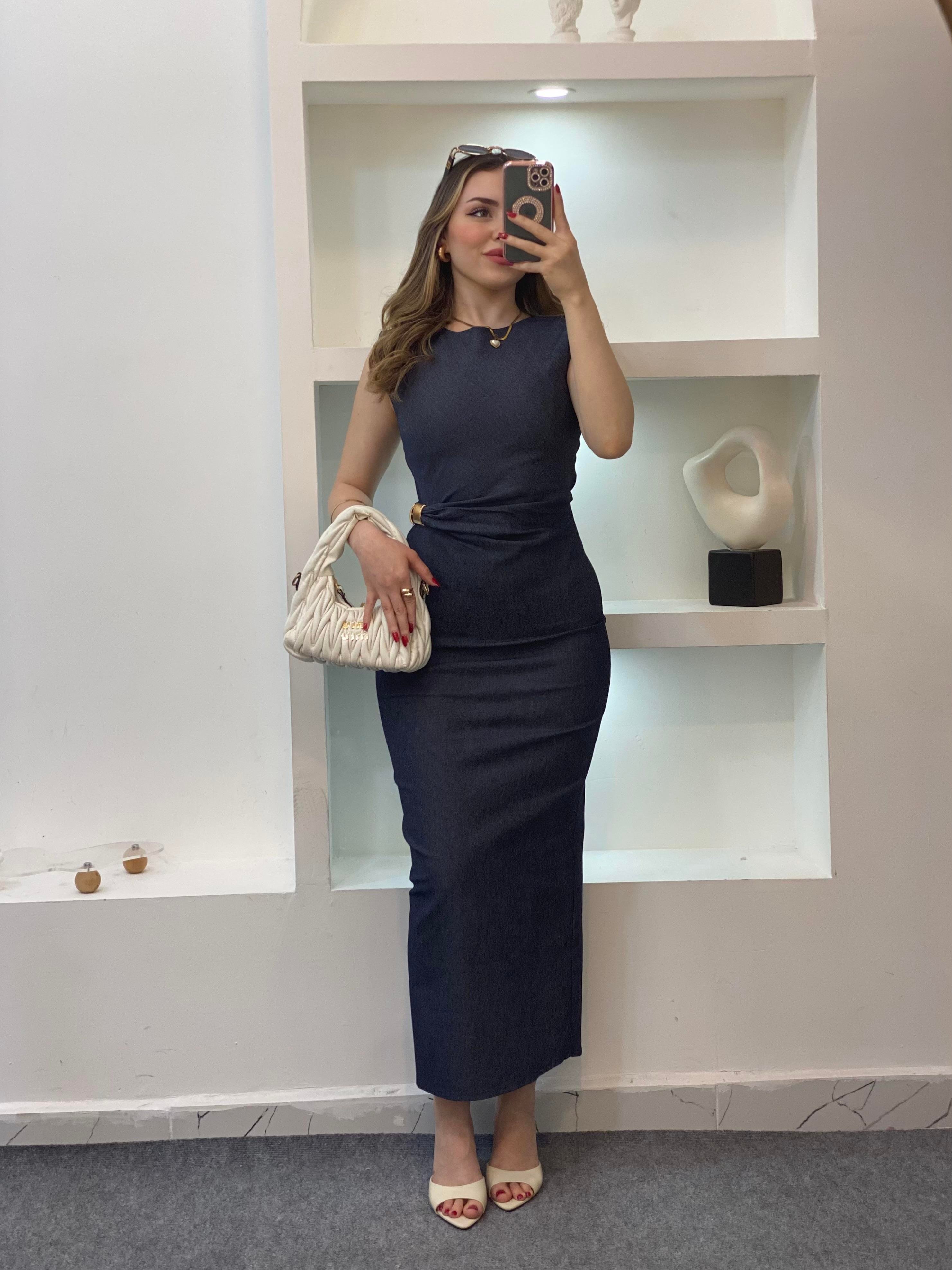 Beli Gold Tokalı Model Likralı Jean Elbise