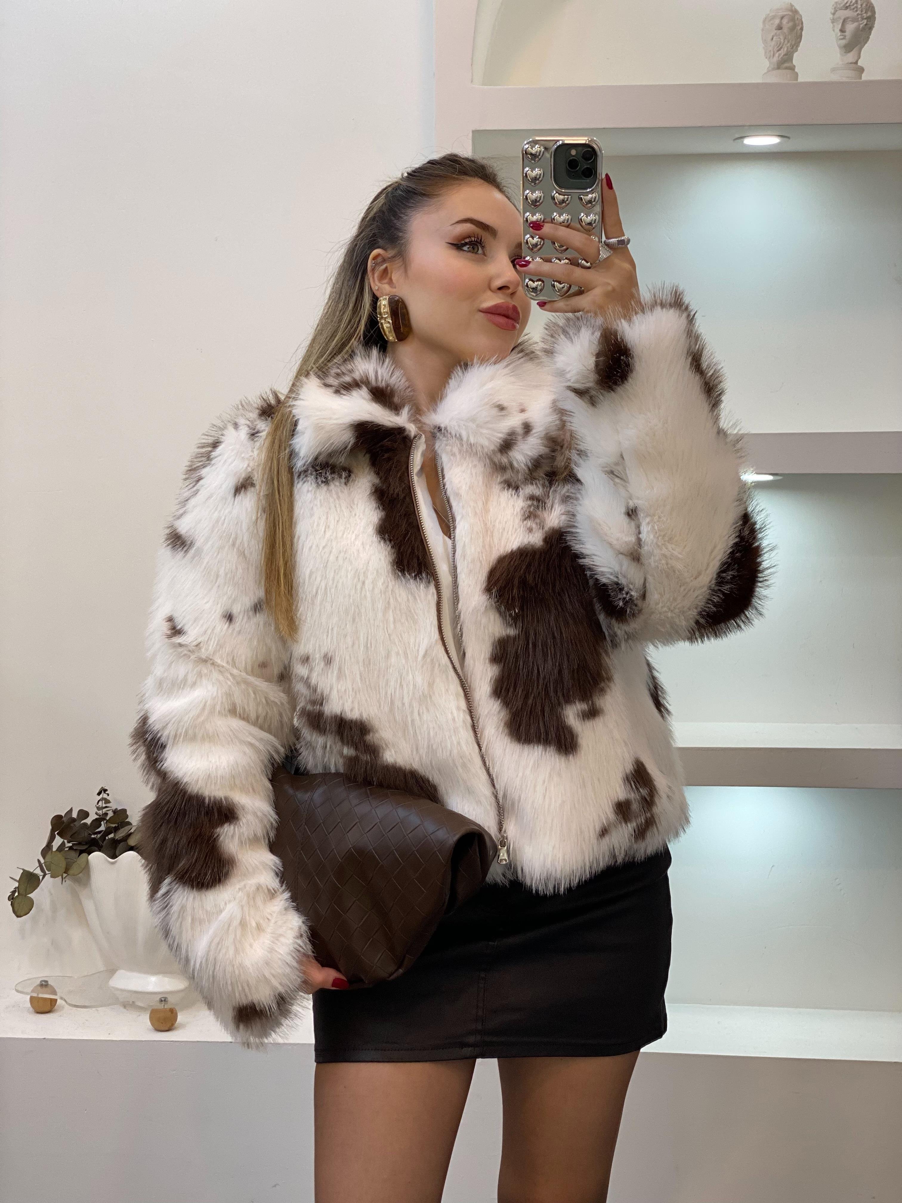 Beyaz Desenli Premium Fermuarlı Kürk