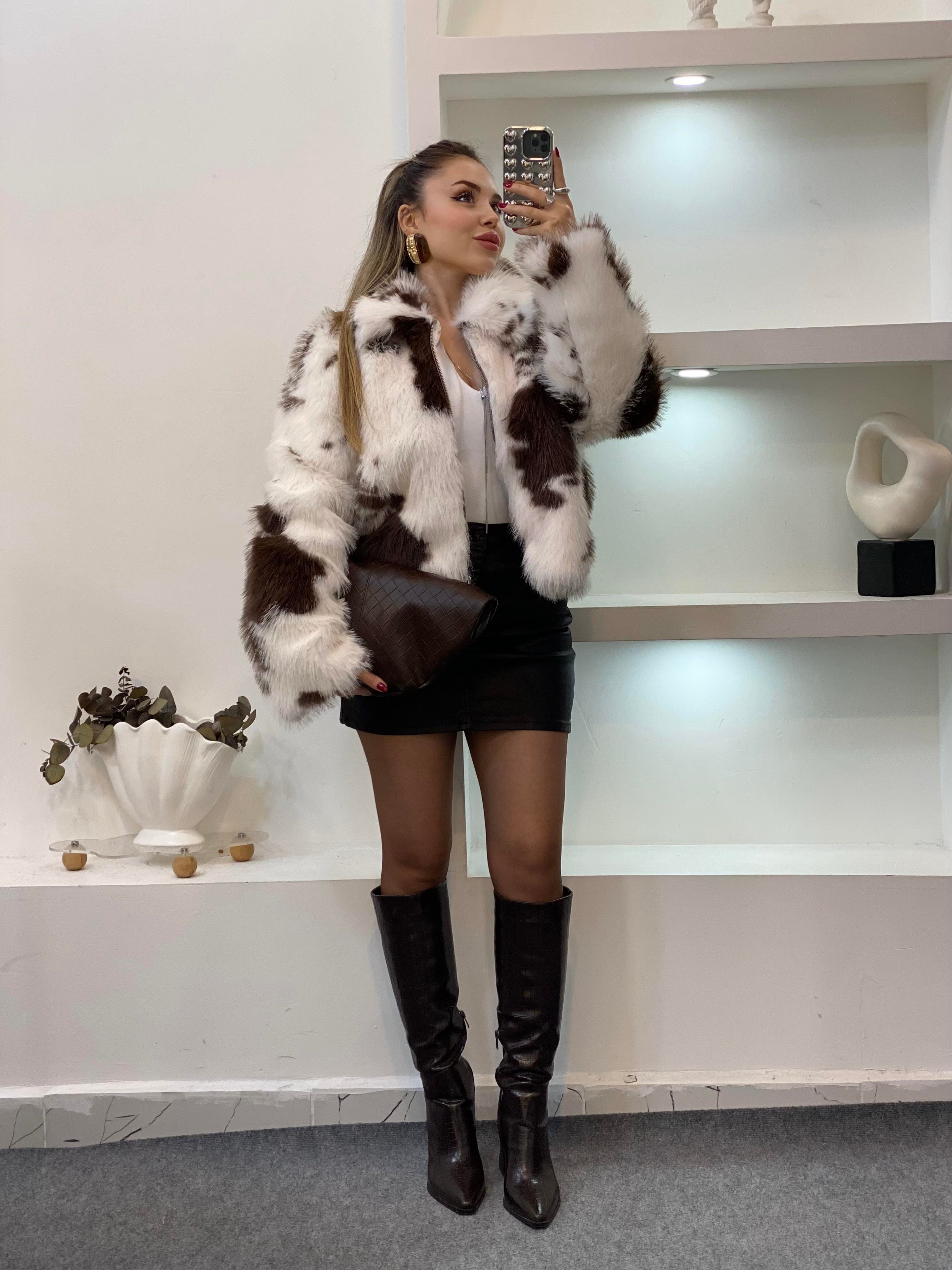 Beyaz Desenli Premium Fermuarlı Kürk