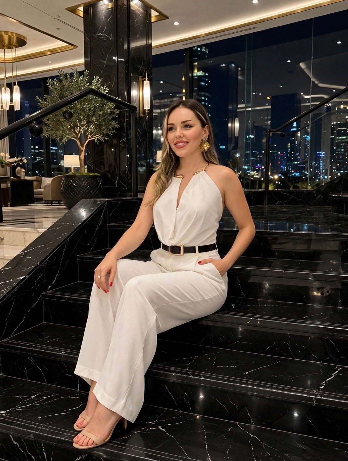 Beyaz Gold Aksesuarlı Sırt Dekolteli Bluz