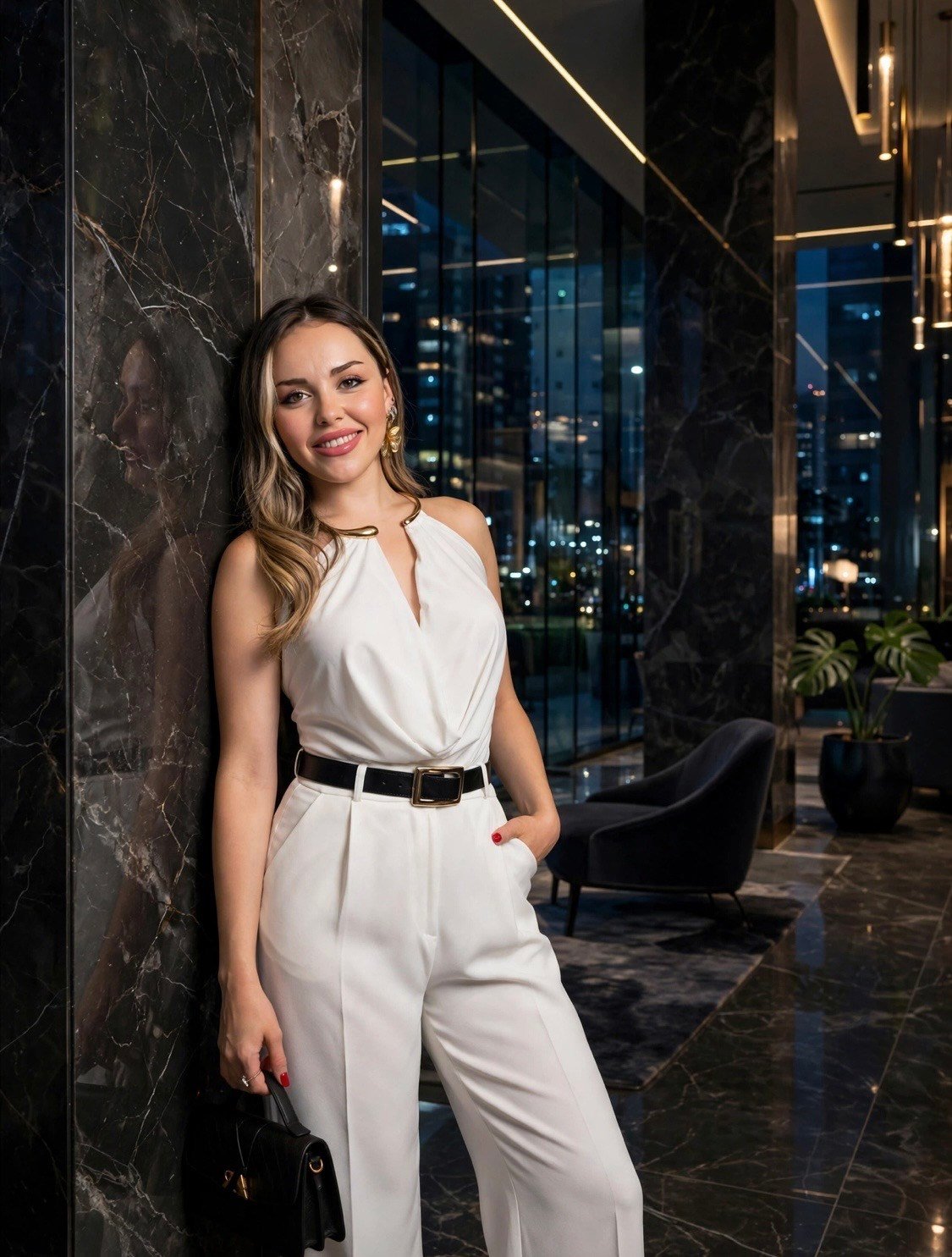 Beyaz Gold Aksesuarlı Sırt Dekolteli Bluz