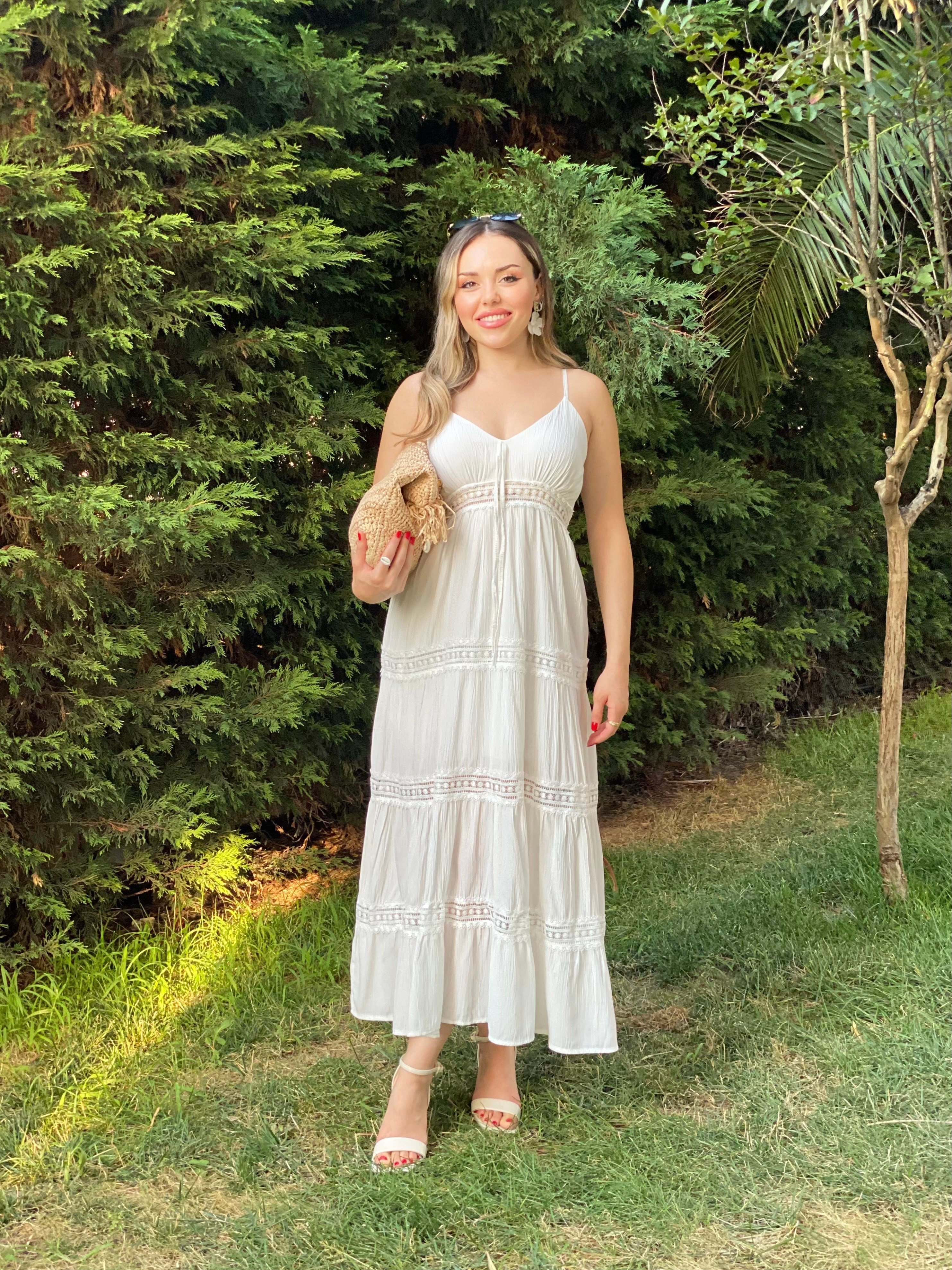 Beyaz İp Askılı Nora Elbise 
