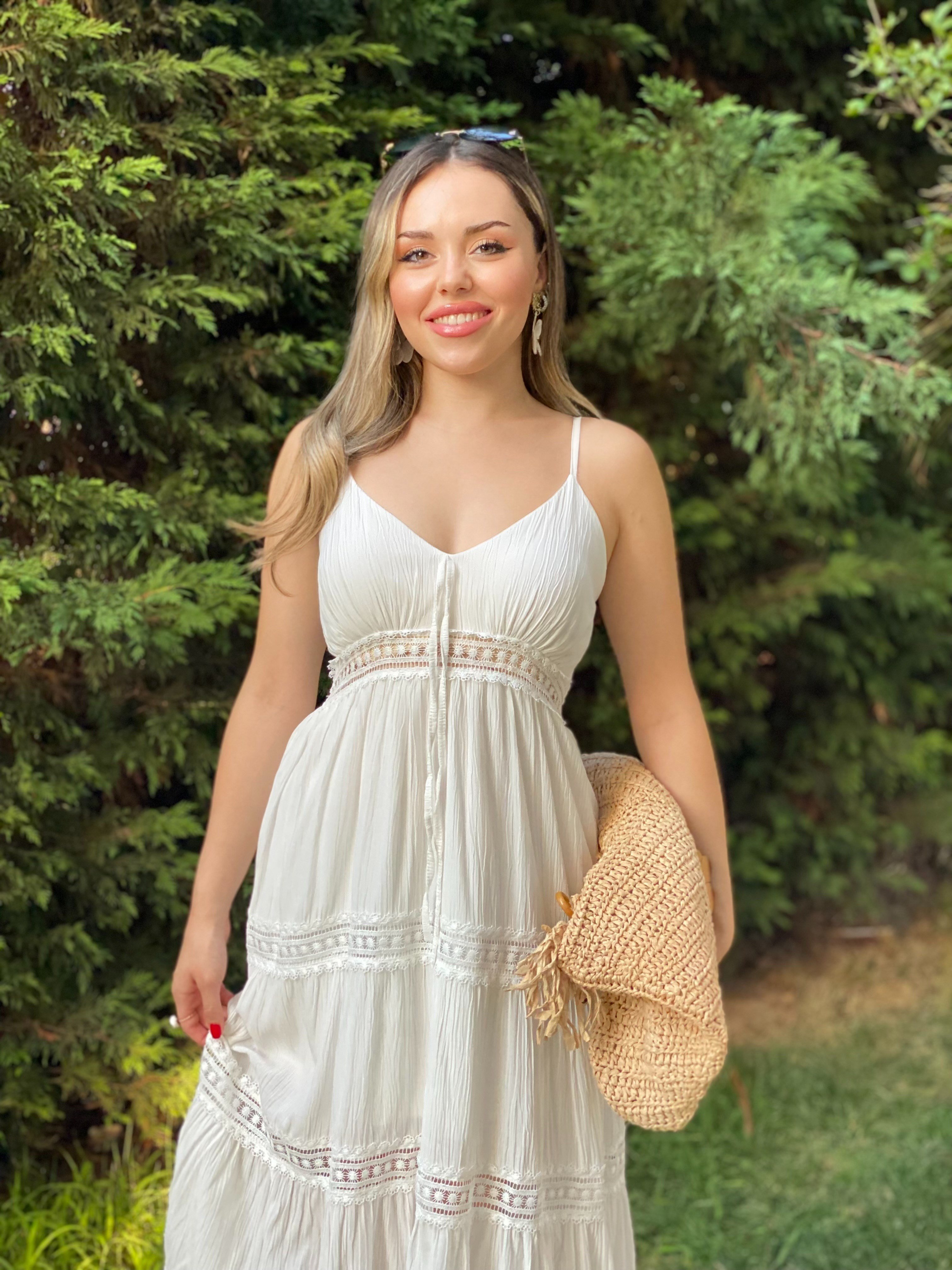 Beyaz İp Askılı Nora Elbise 