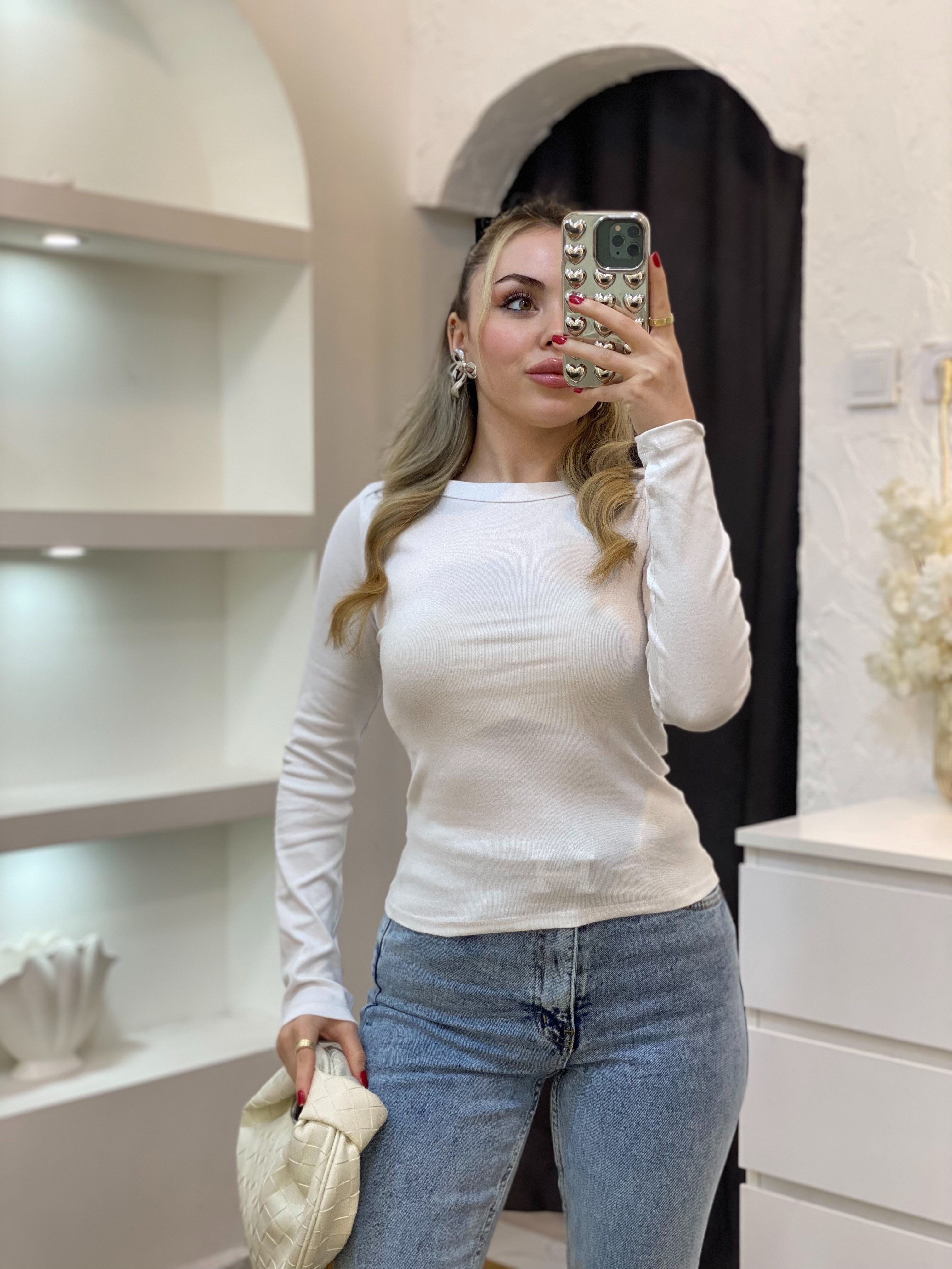 Beyaz Kayık Yaka Basic Bluz