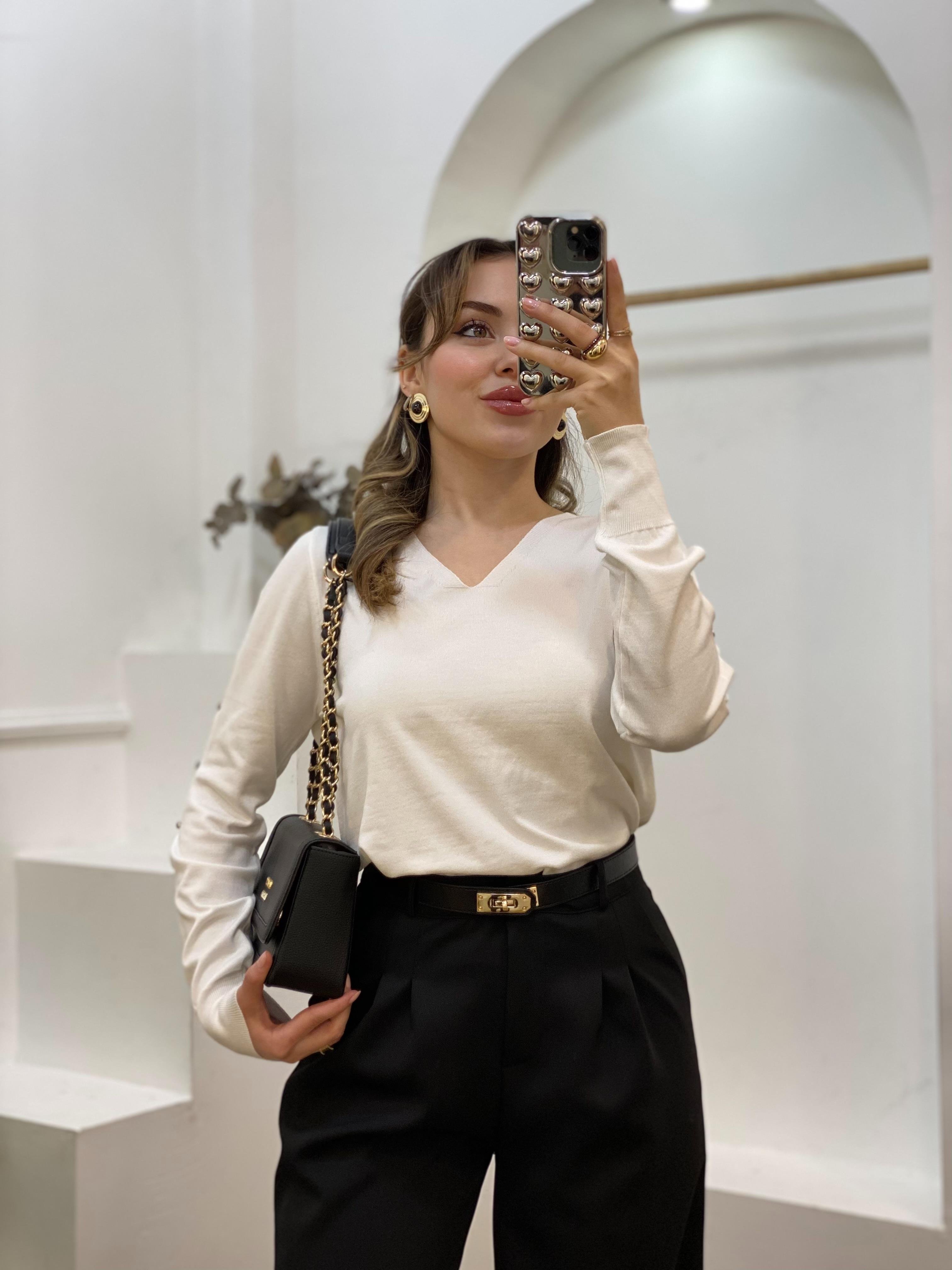 Beyaz Kolları Pencereli Model Triko 
