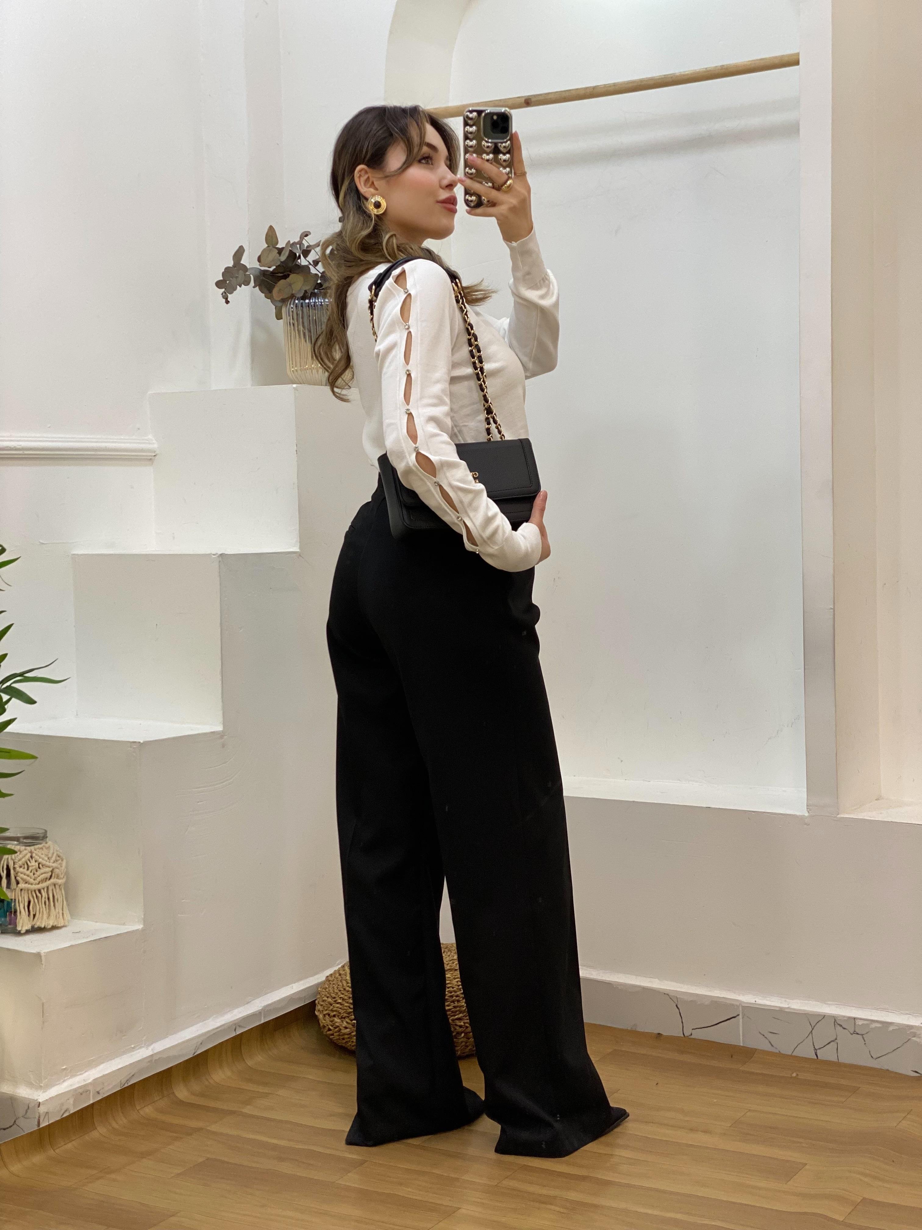 Beyaz Kolları Pencereli Model Triko 