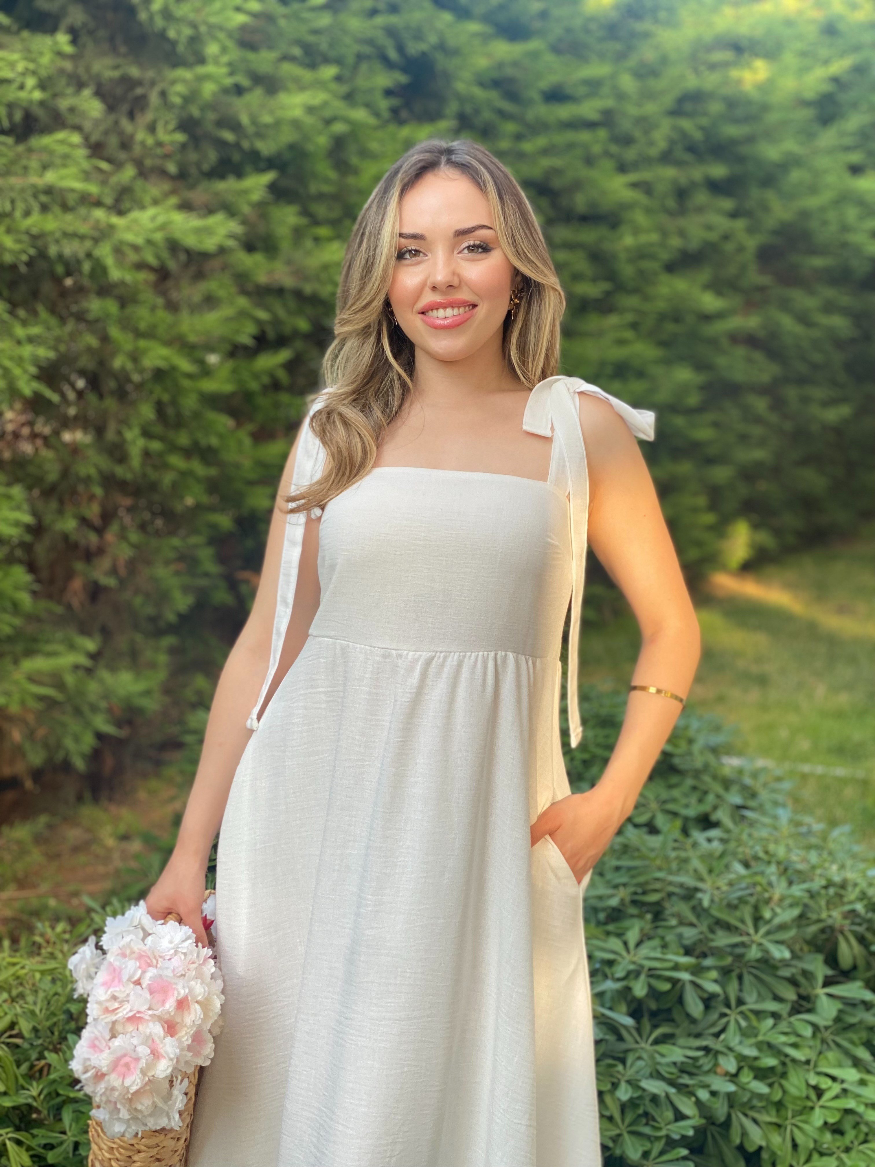 Beyaz Omuz Bağlamalı Model Gipeli Elbise