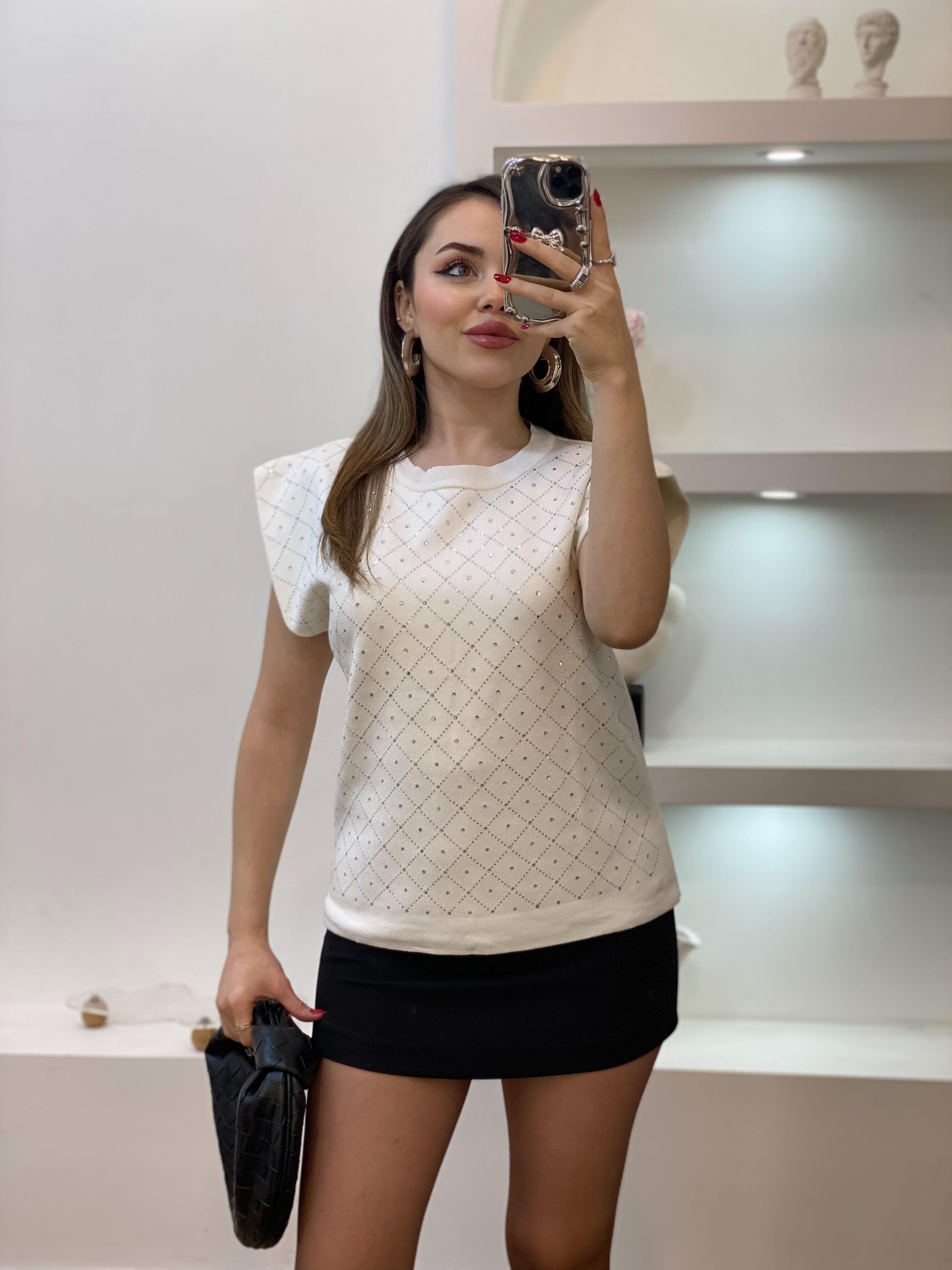 Beyaz Parıltılı Taşlı Triko Bluz