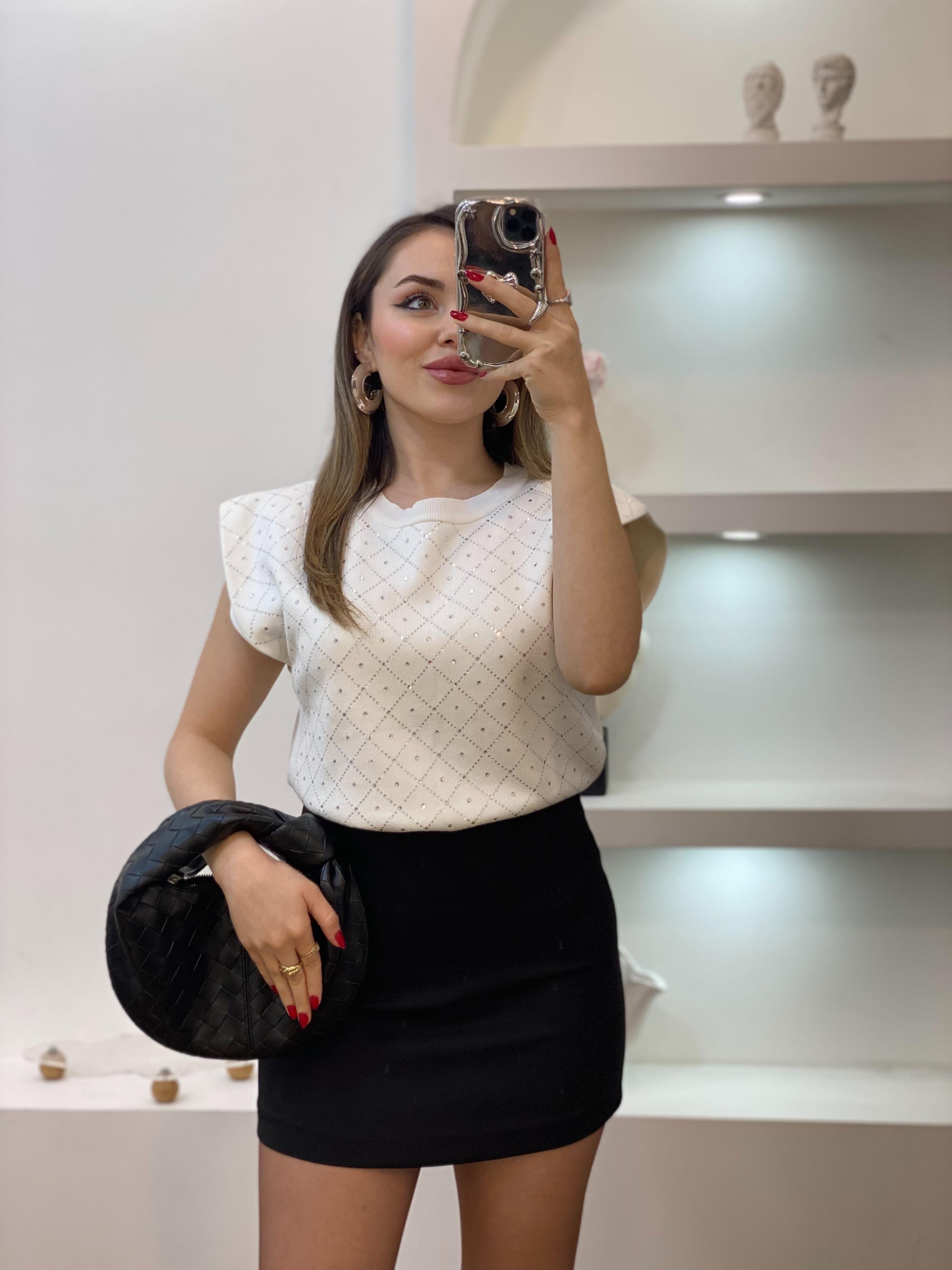 Beyaz Parıltılı Taşlı Triko Bluz
