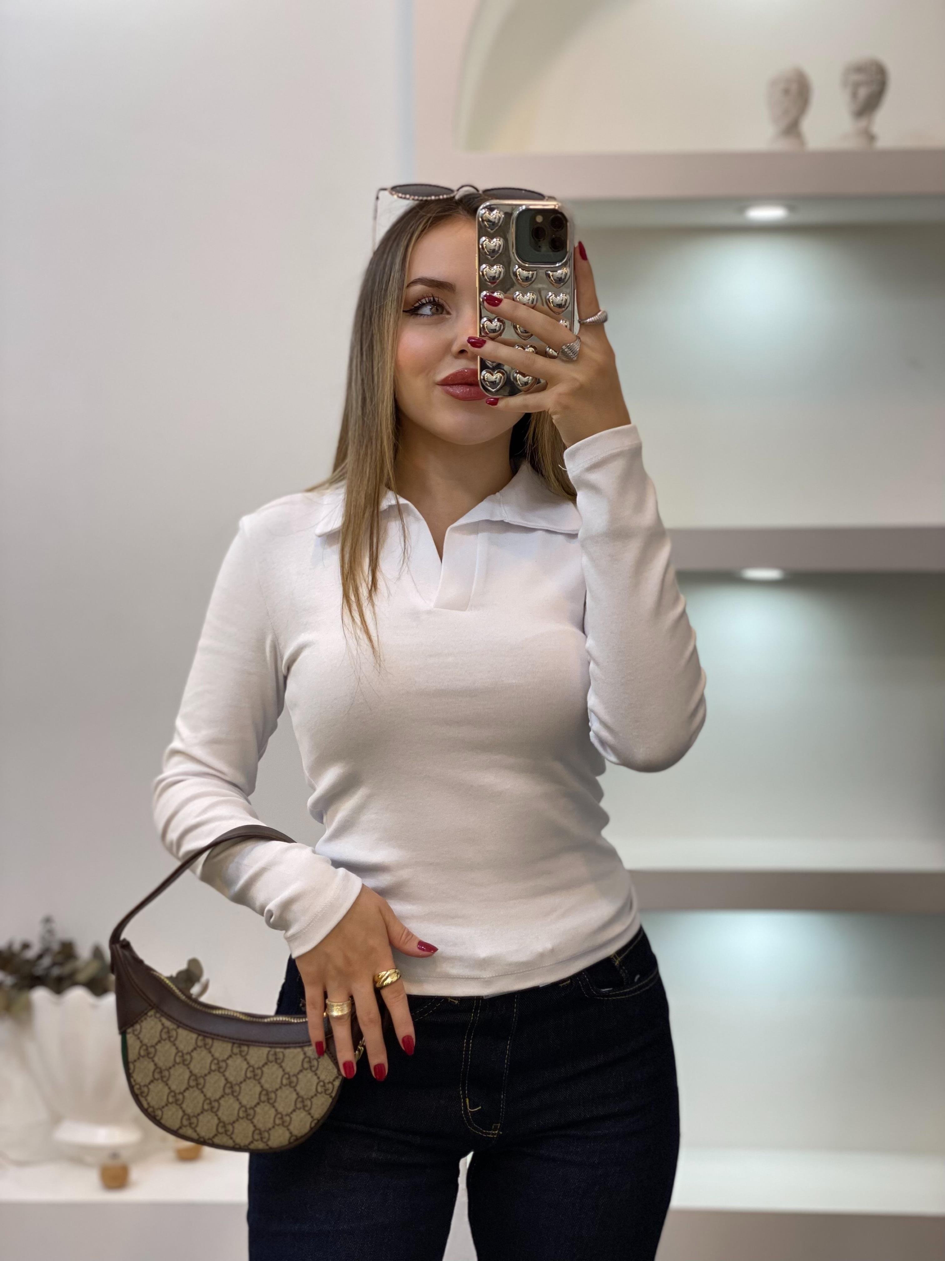 Beyaz Polo Yaka Basic Bluz