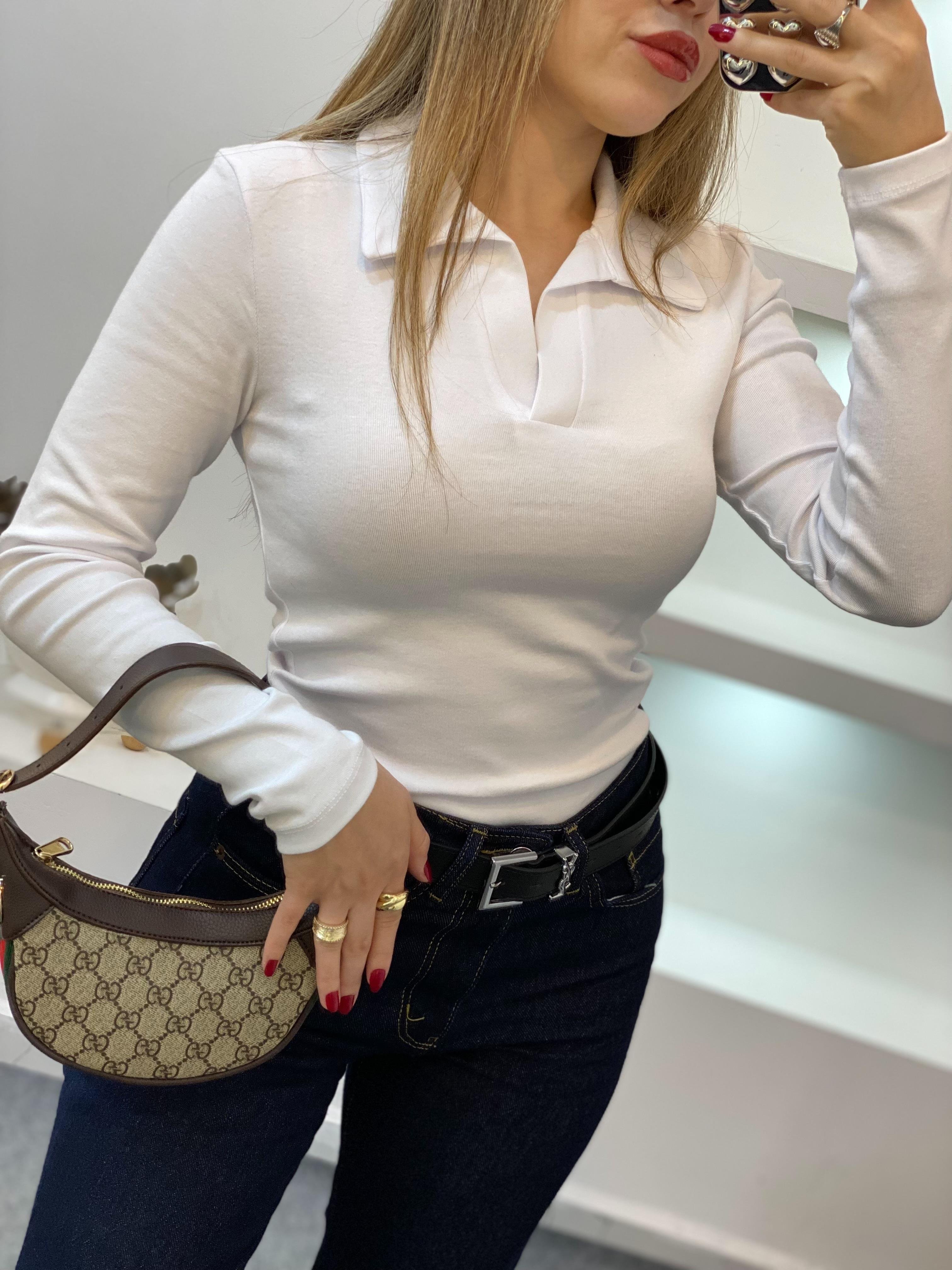 Beyaz Polo Yaka Basic Bluz