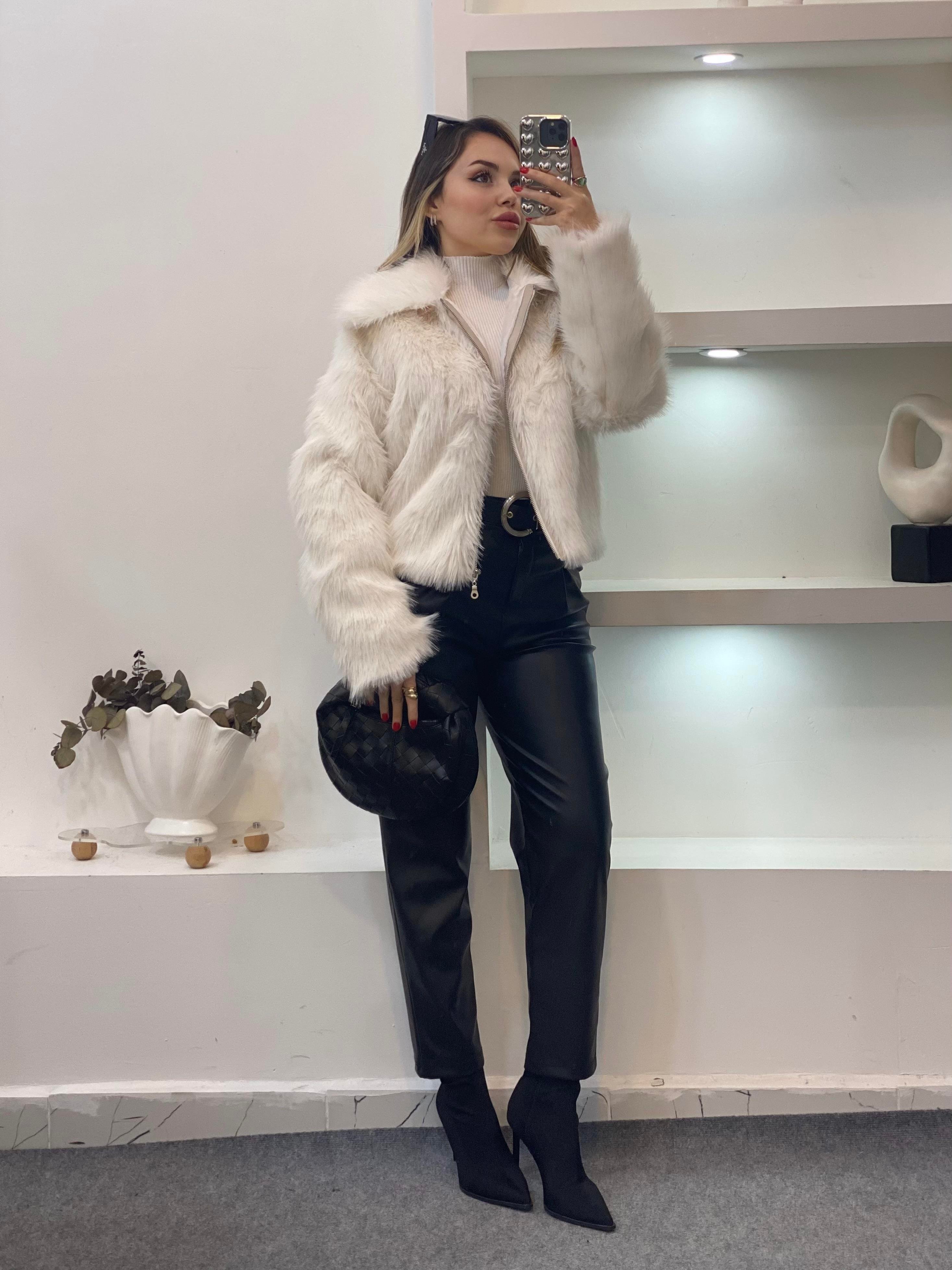 Beyaz Premium Fermuarlı Kürk