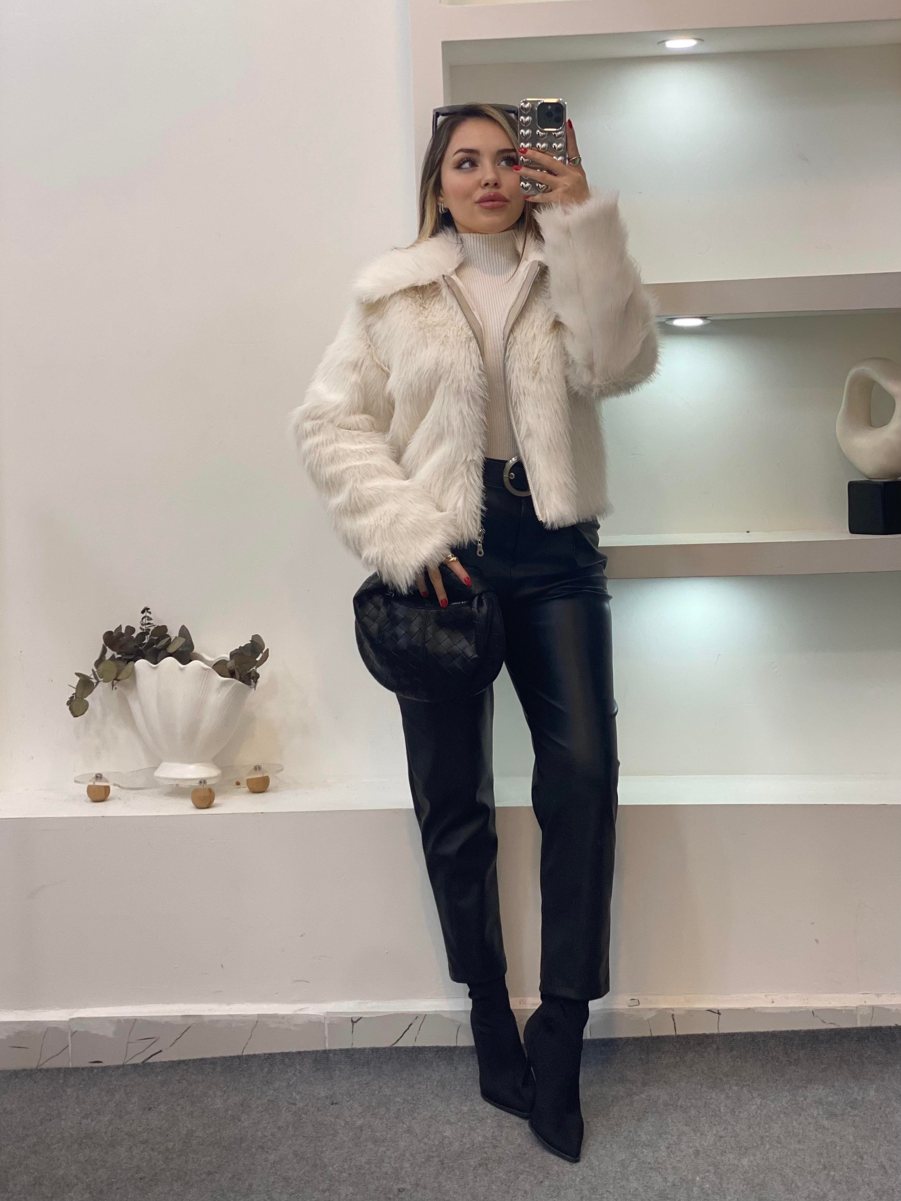 Beyaz Premium Fermuarlı Kürk