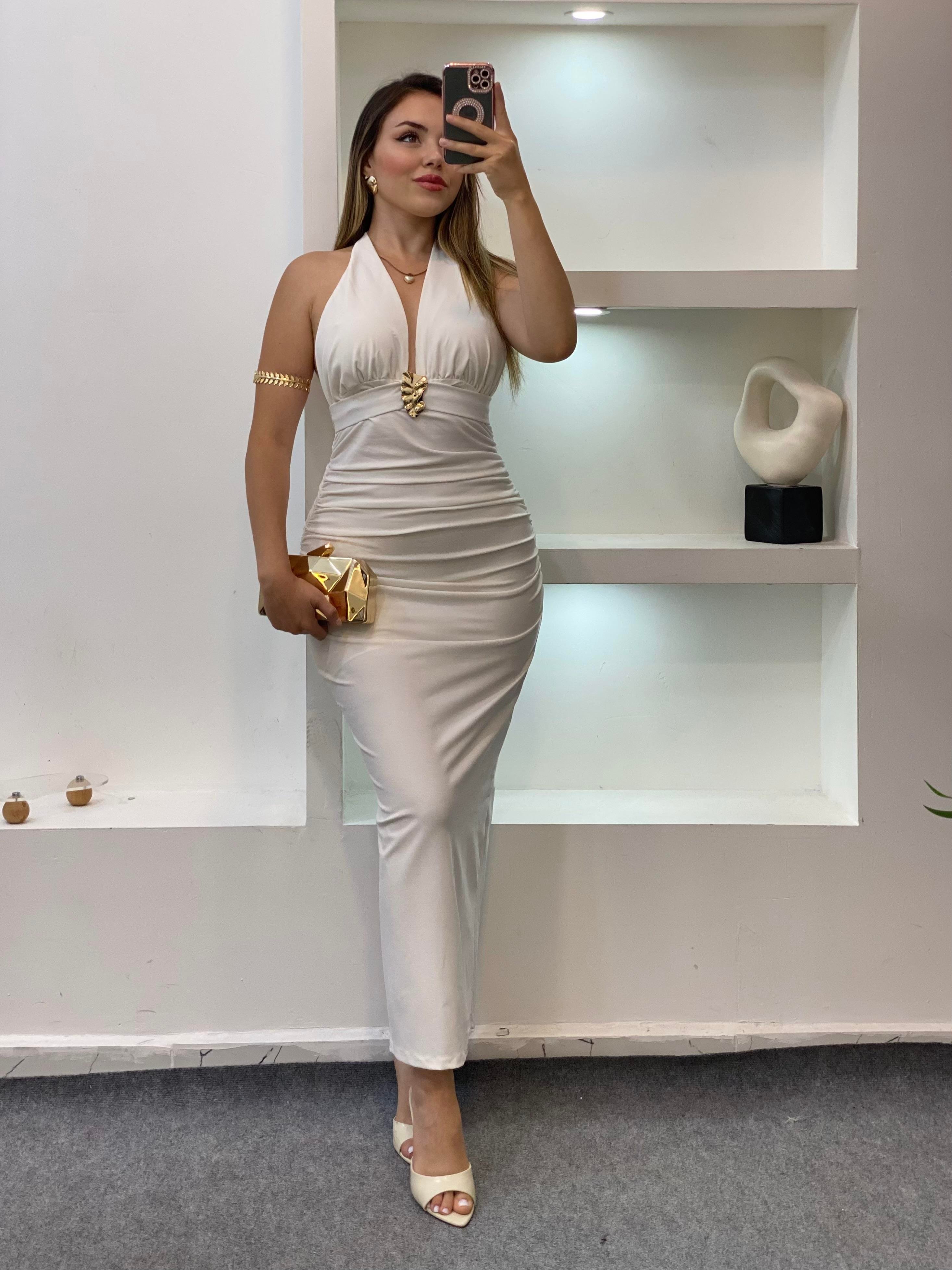Beyaz Premium Kalite Sırt Dekolteli Elbise