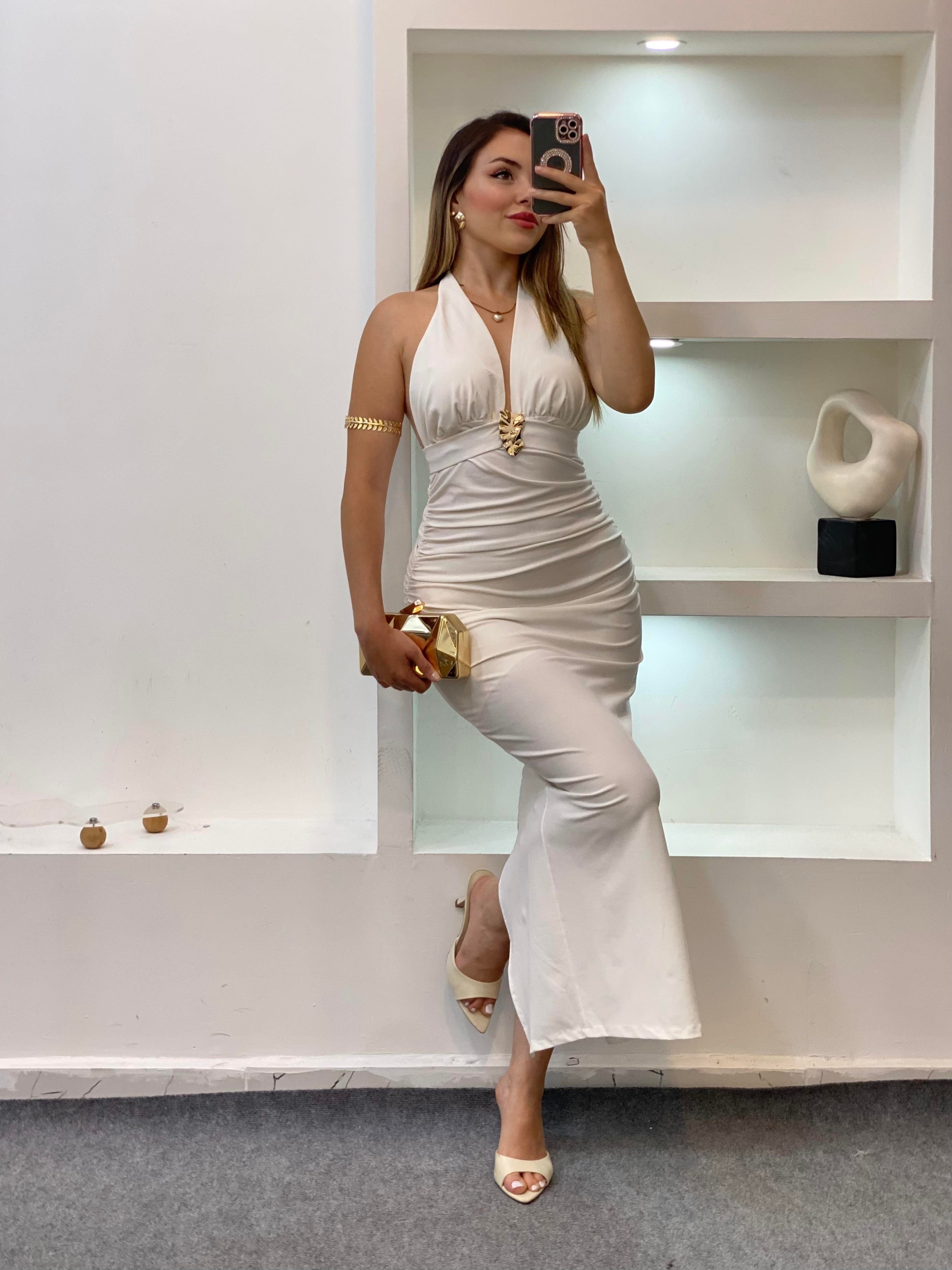 Beyaz Premium Kalite Sırt Dekolteli Elbise