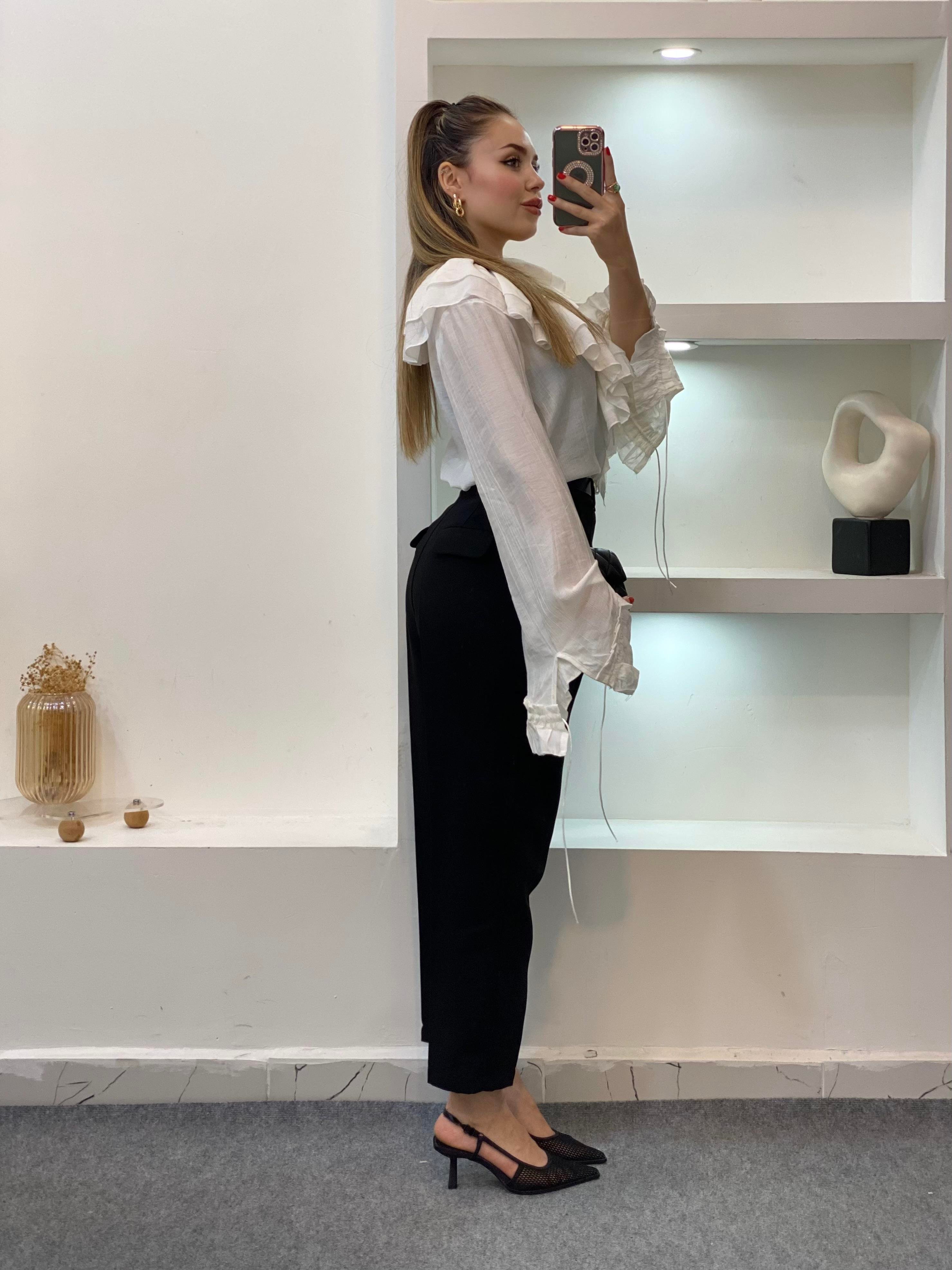 Beyaz Premium Kalite Volanlı Bluz
