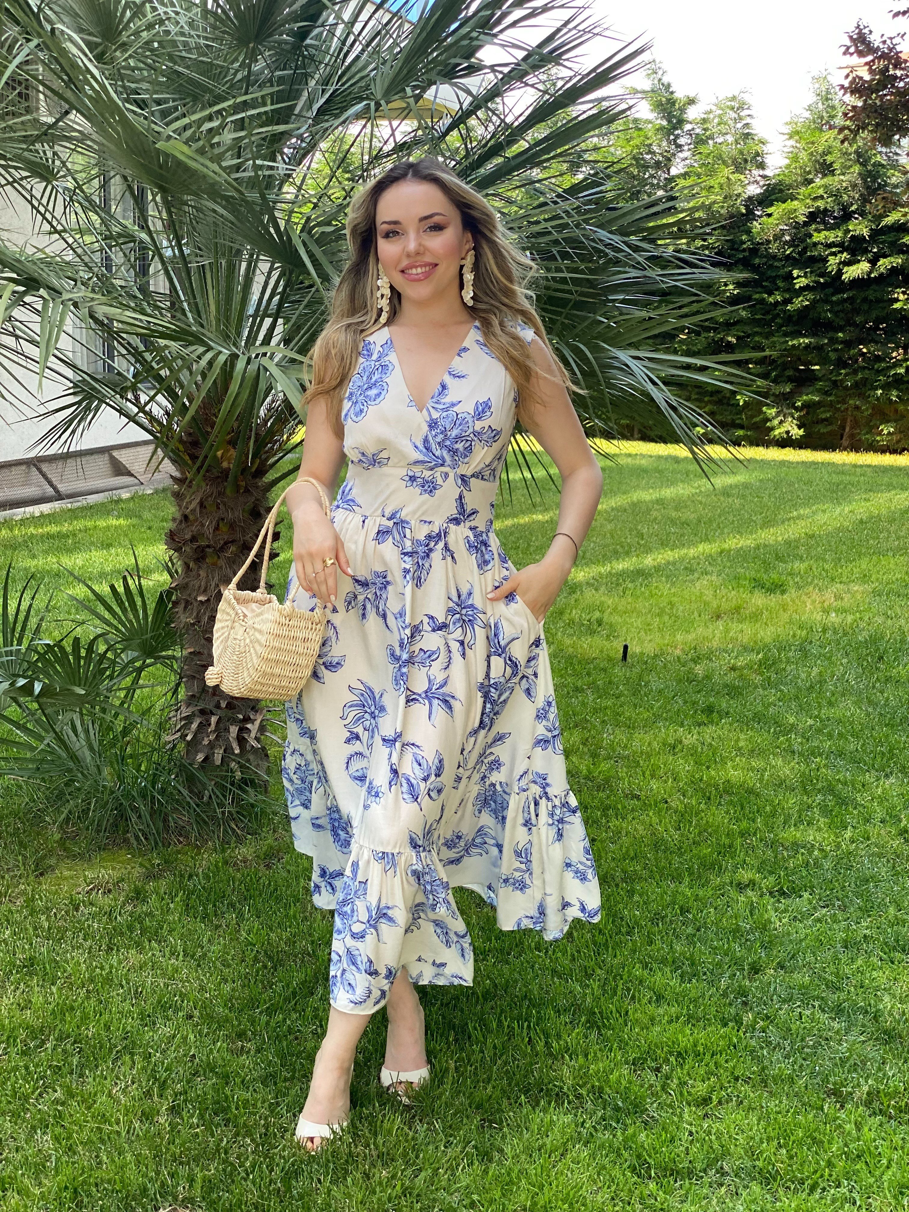 Beyaz Üzerine Mavi Desen Kruvaze Yaka Elbise