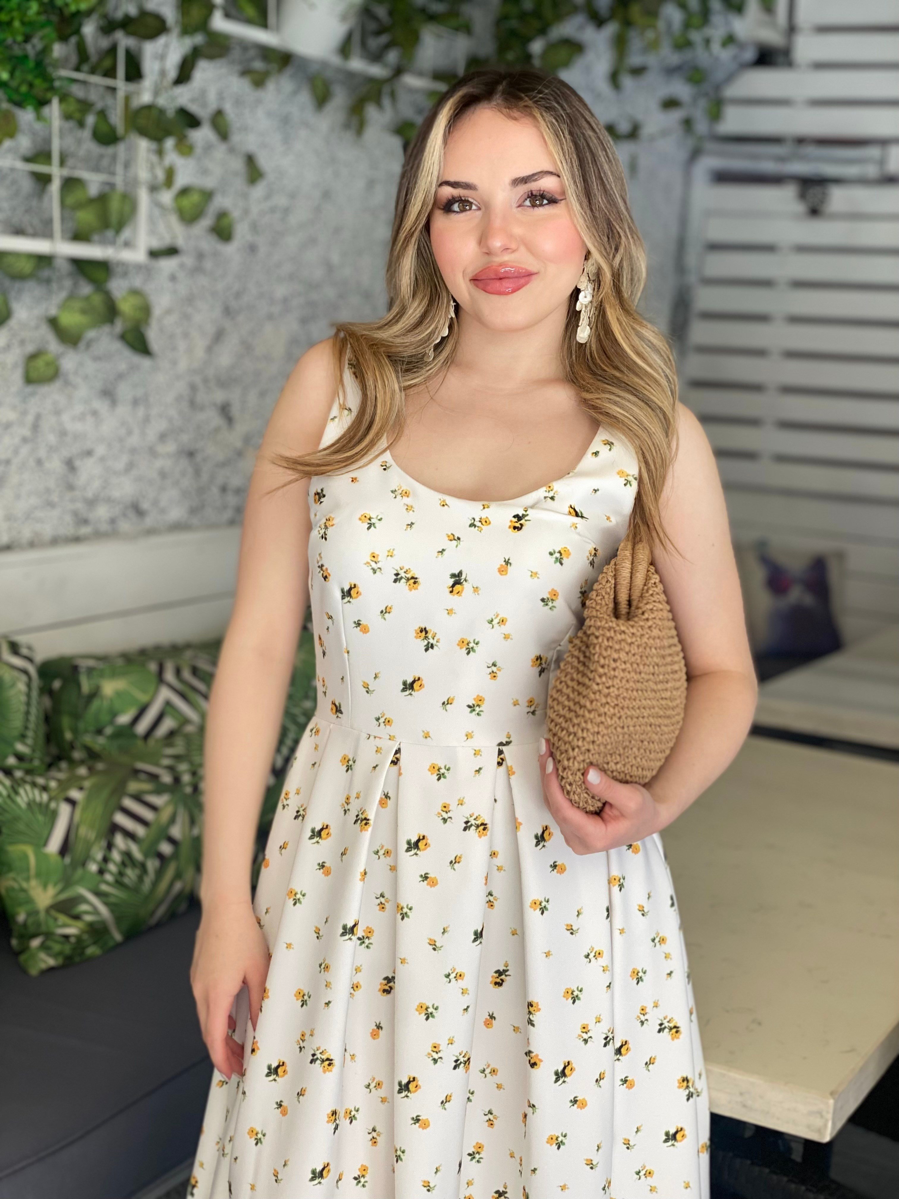 Beyaz Üzerine Sarı Mini Çiçek Desenli Scuba Elbise