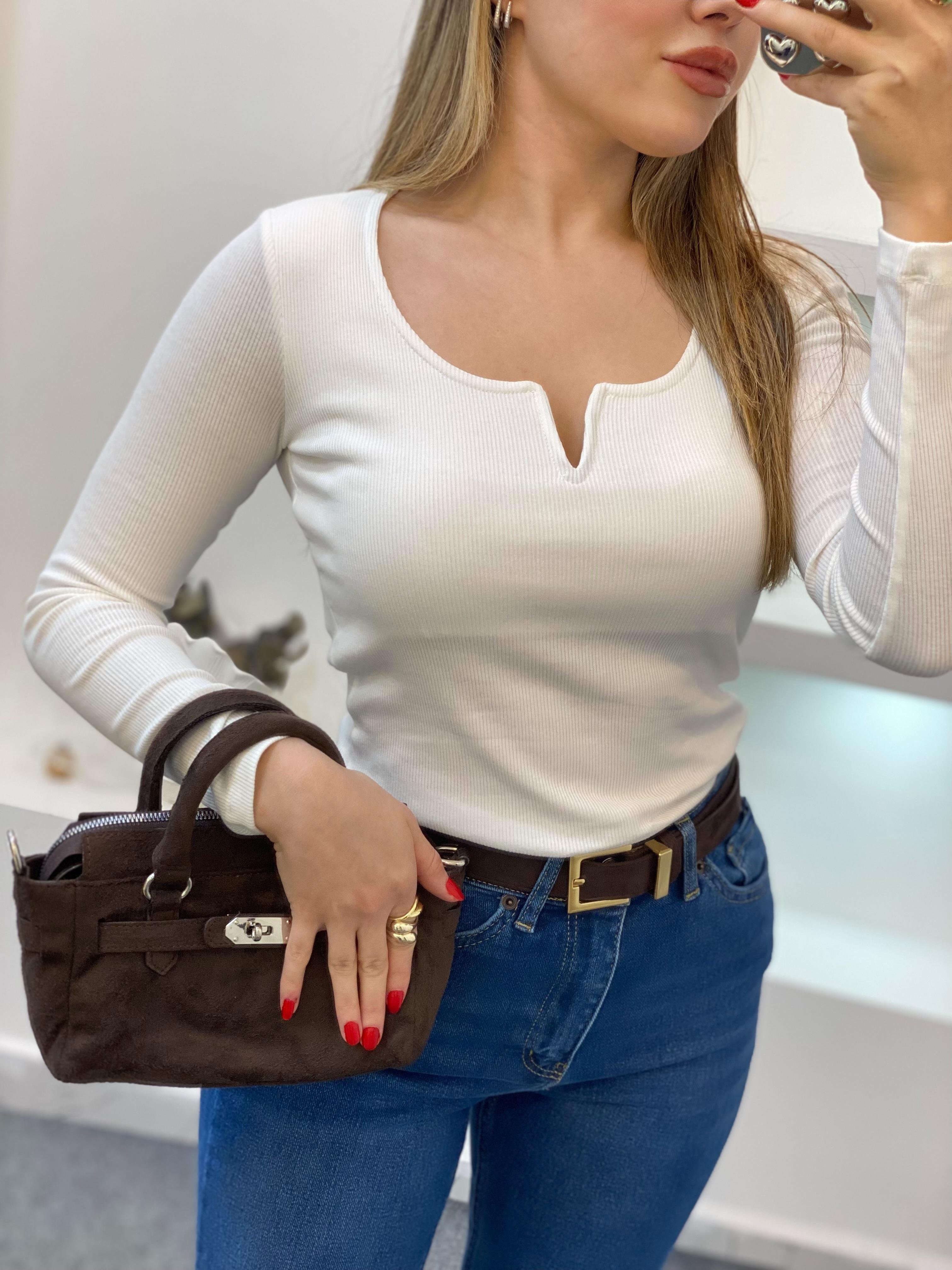 Beyaz V Model Fitilli Basic Bluz