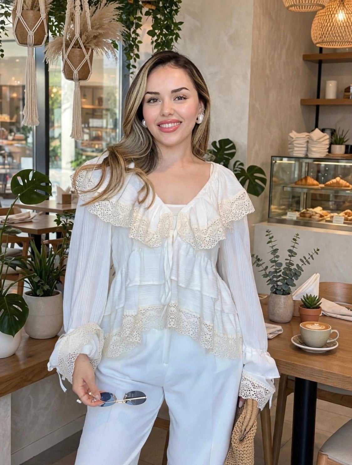 Beyaz Volanlı Dantel Detaylı Bluz 