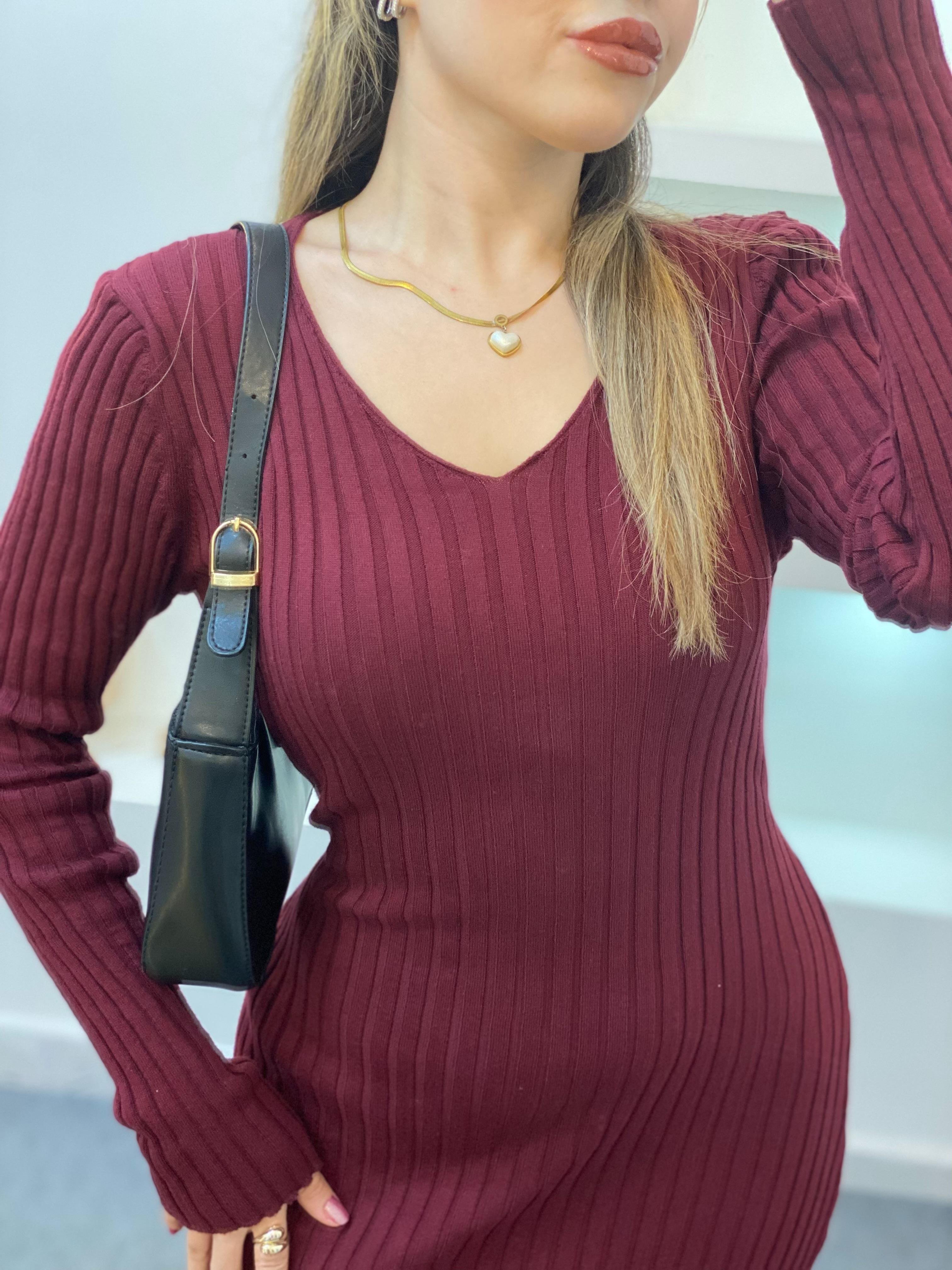 Bordo Arka Beli Kuşaklı Model Triko Elbise 
