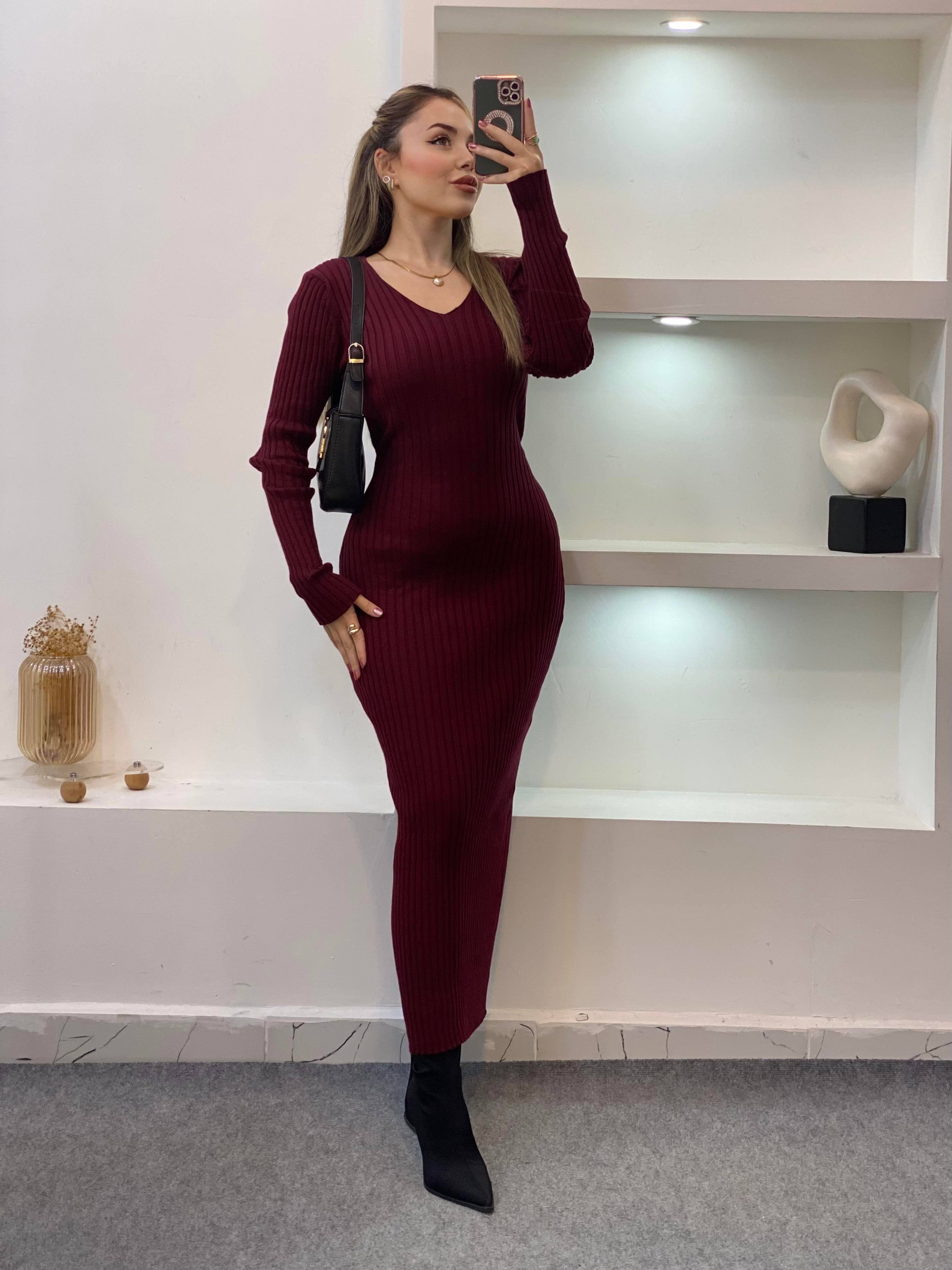 Bordo Arka Beli Kuşaklı Model Triko Elbise 