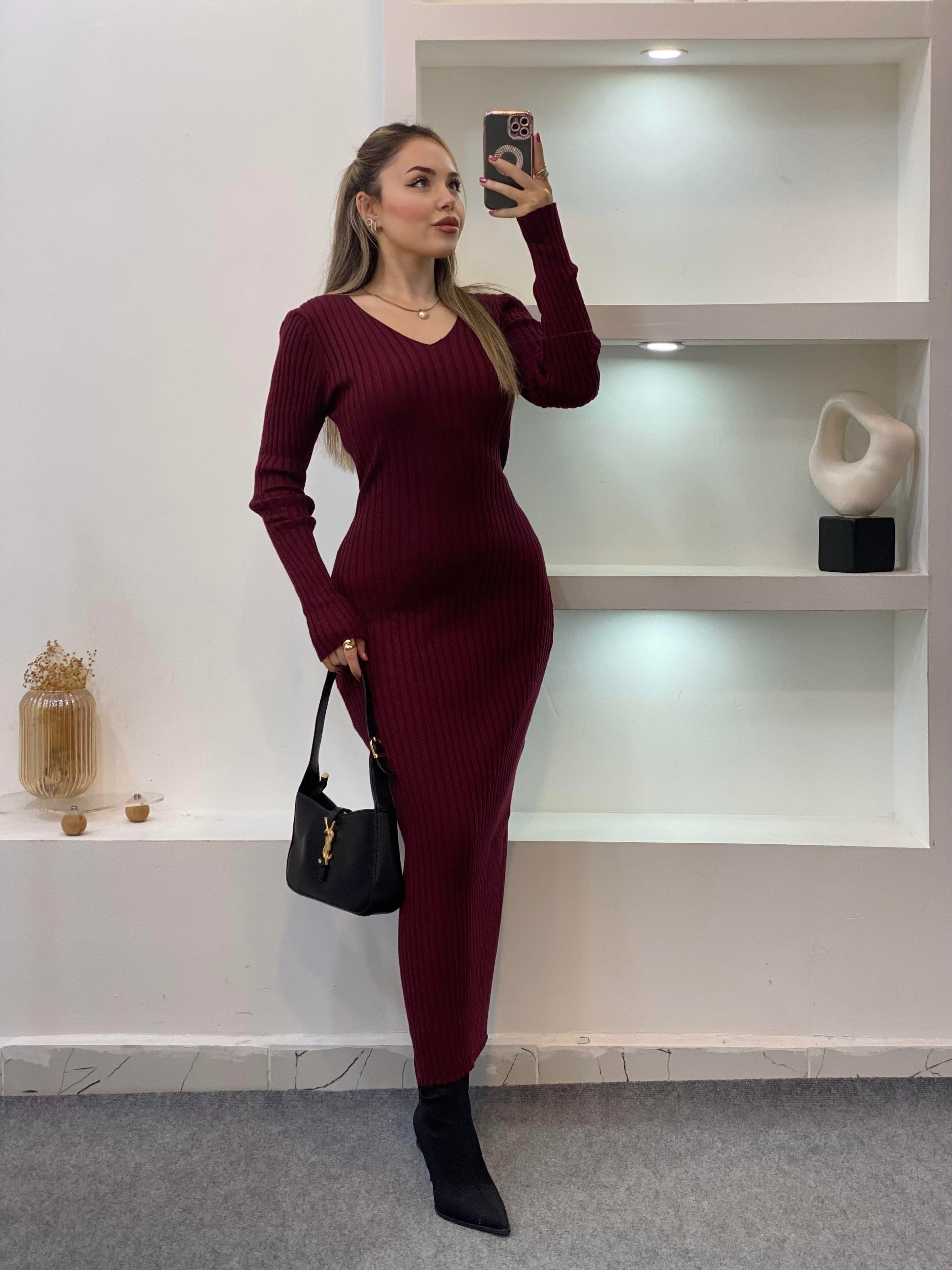 Bordo Arka Beli Kuşaklı Model Triko Elbise 