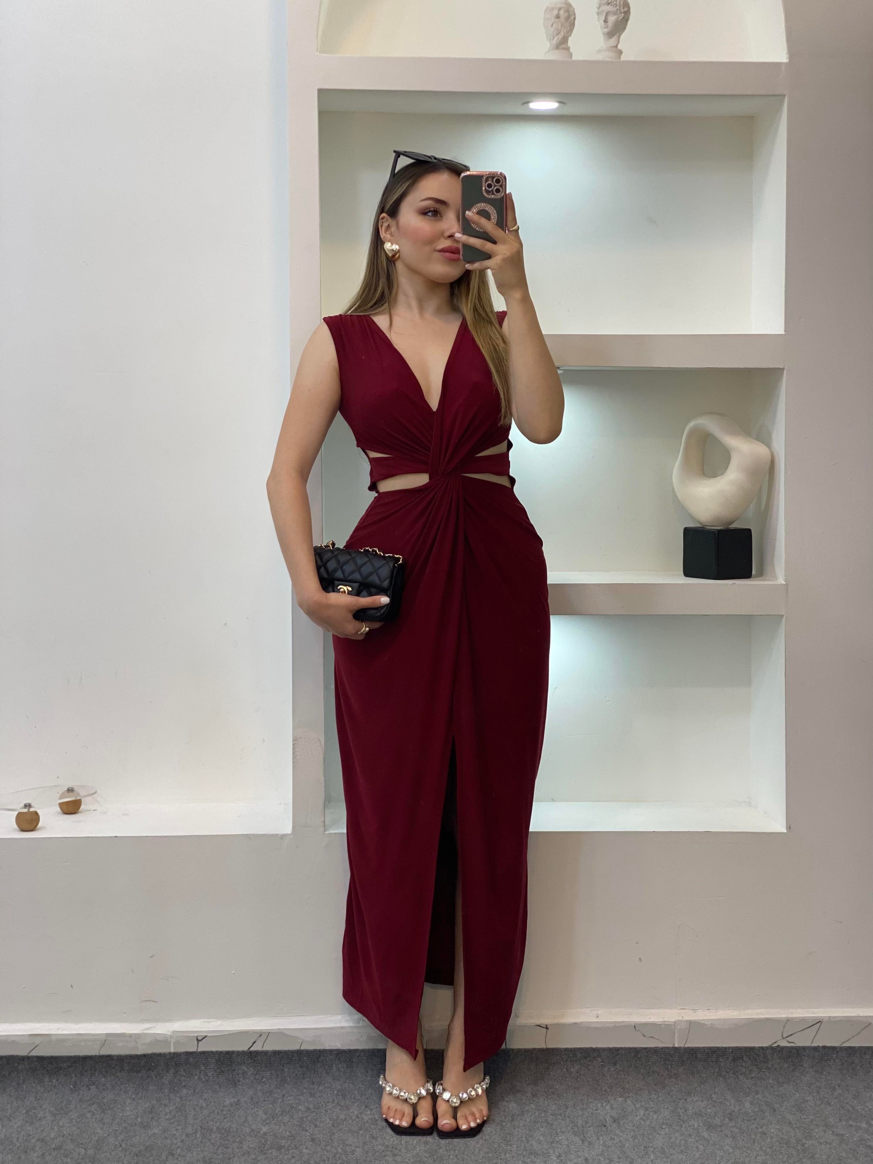 Bordo Bel Düğümlü Sandy Elbise