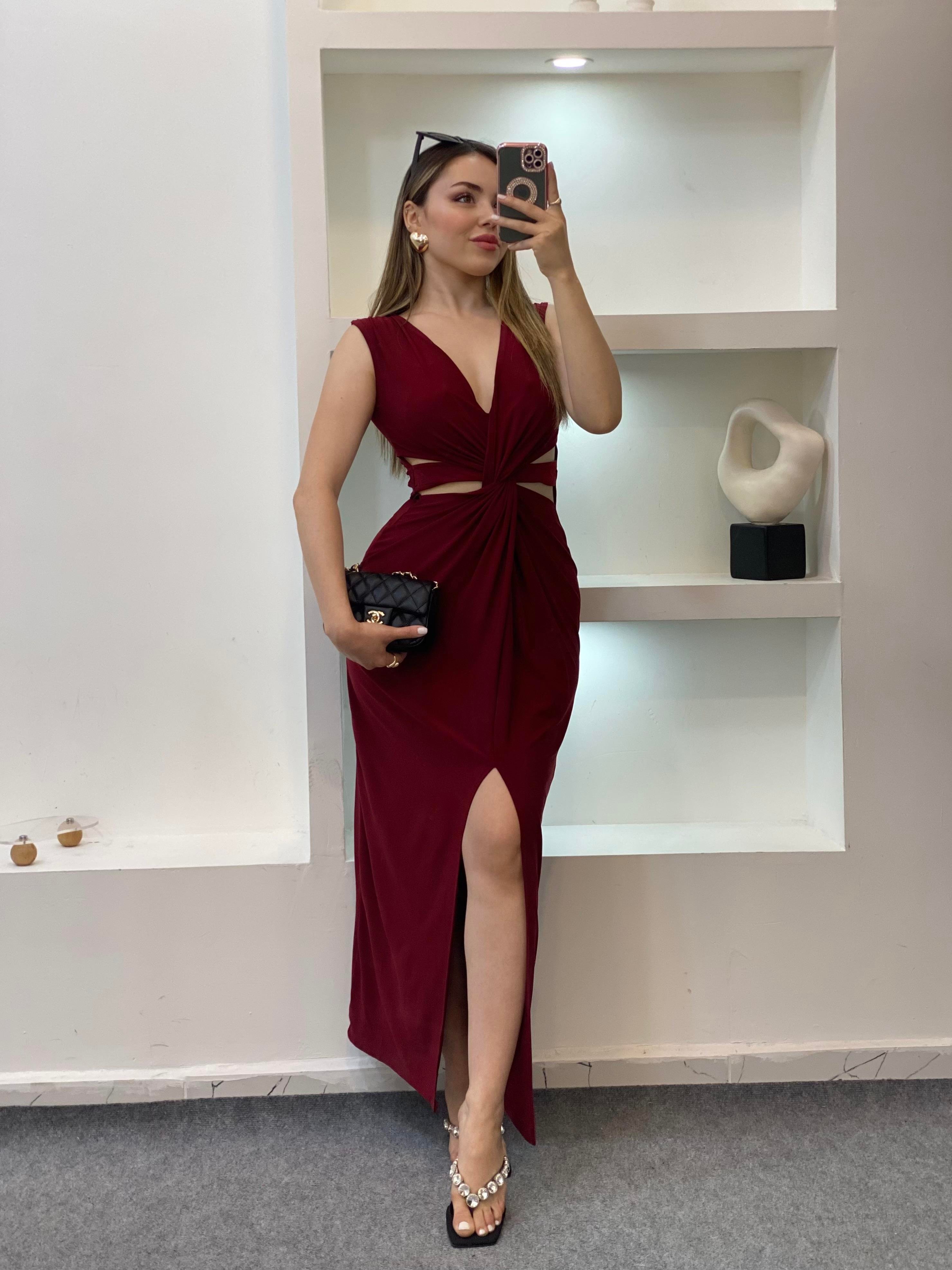 Bordo Bel Düğümlü Sandy Elbise