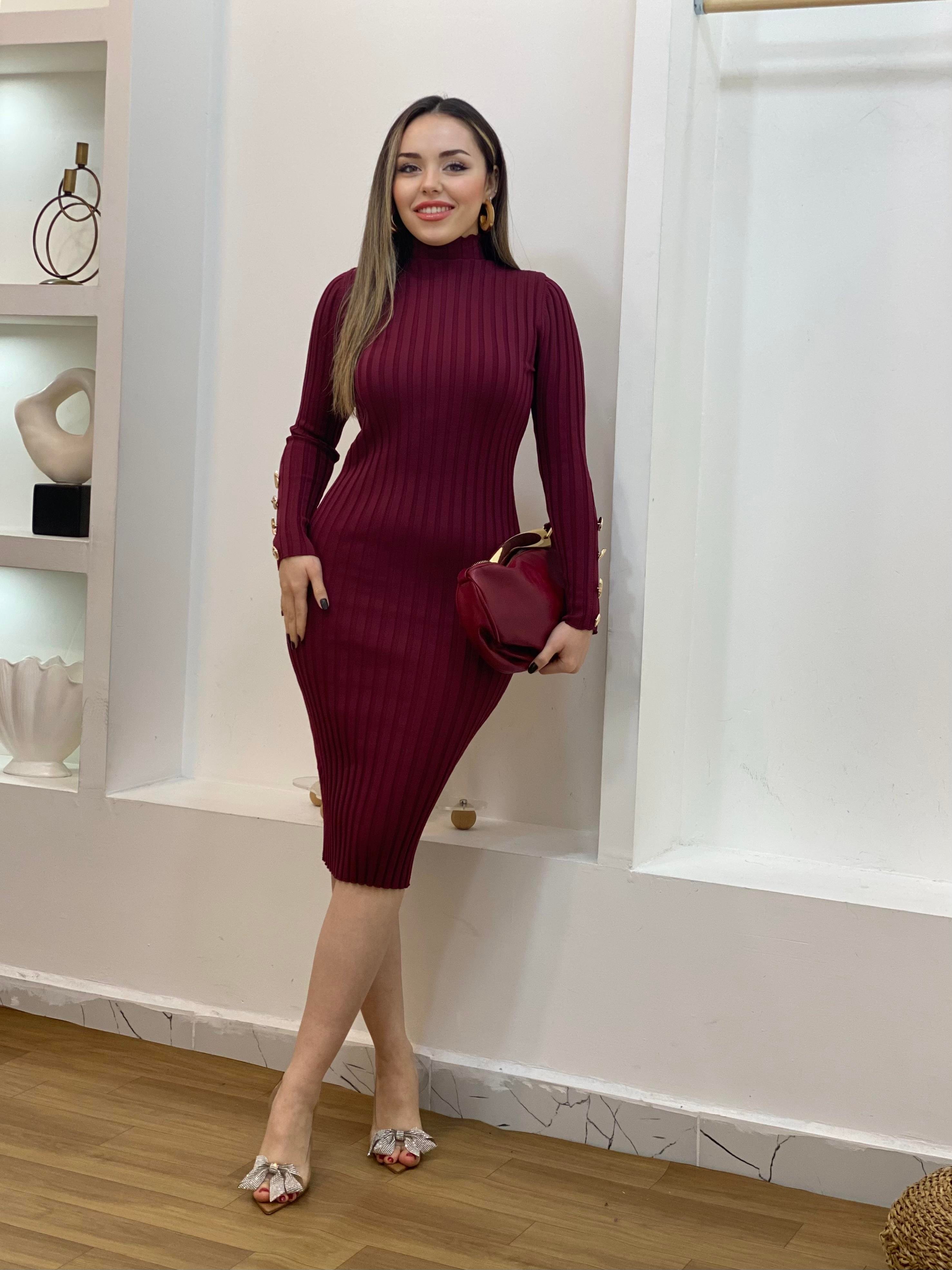 Bordo Boğazlı Bilek Gold Düğmeli Triko Elbise