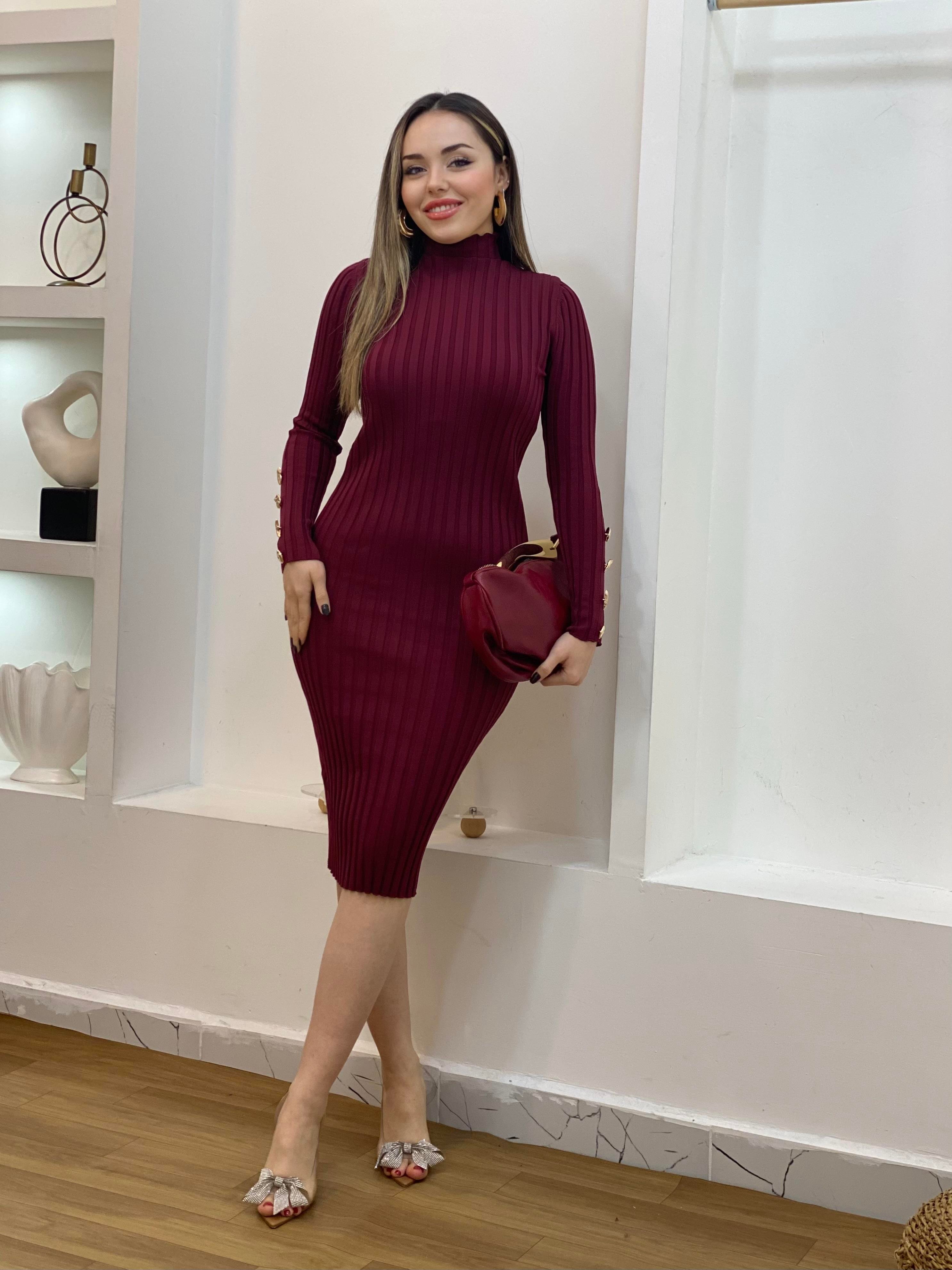 Bordo Boğazlı Bilek Gold Düğmeli Triko Elbise