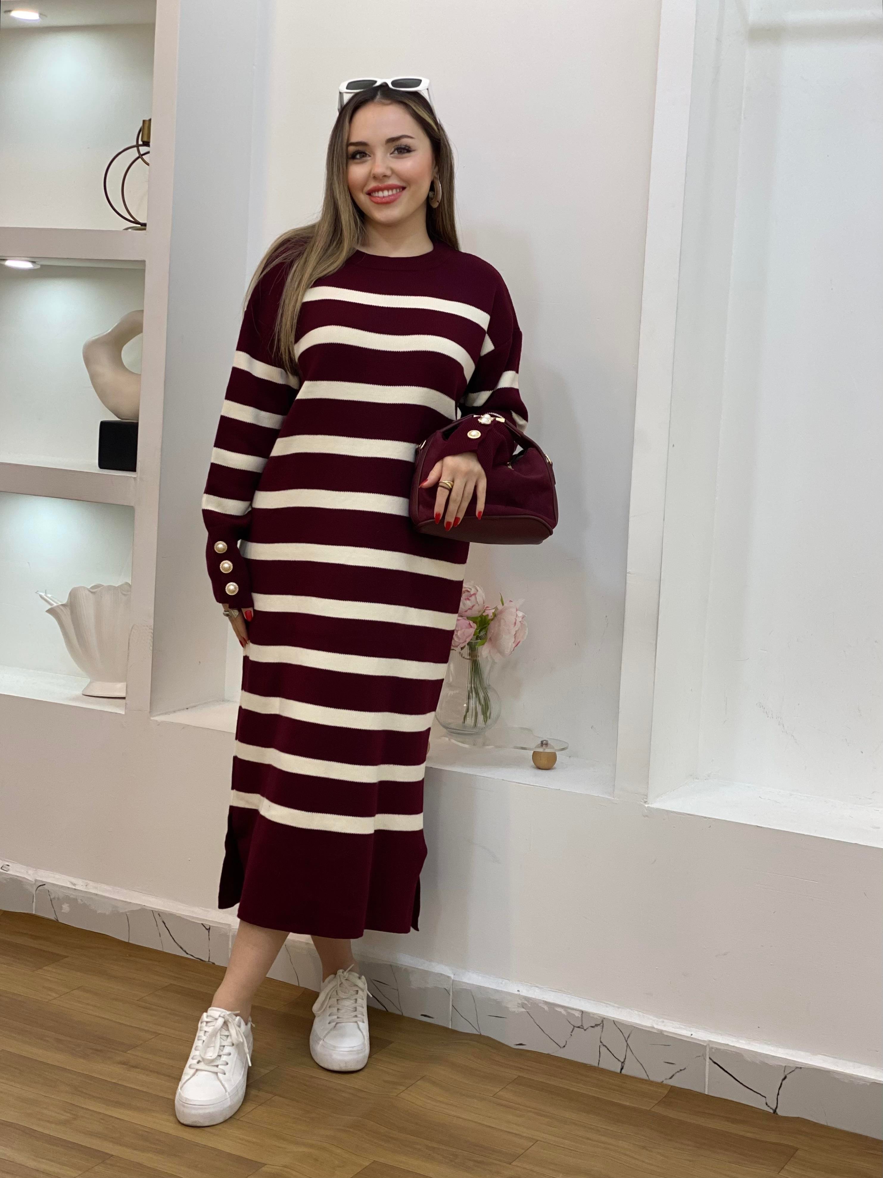 Bordo Çizgili Bilek Düğmeli Triko Elbise